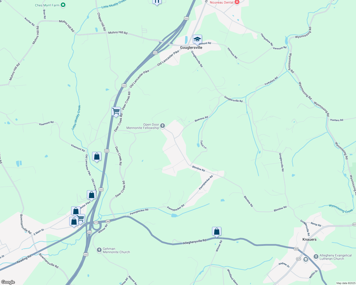 map of restaurants, bars, coffee shops, grocery stores, and more near 215 Blimline Road in Mohnton