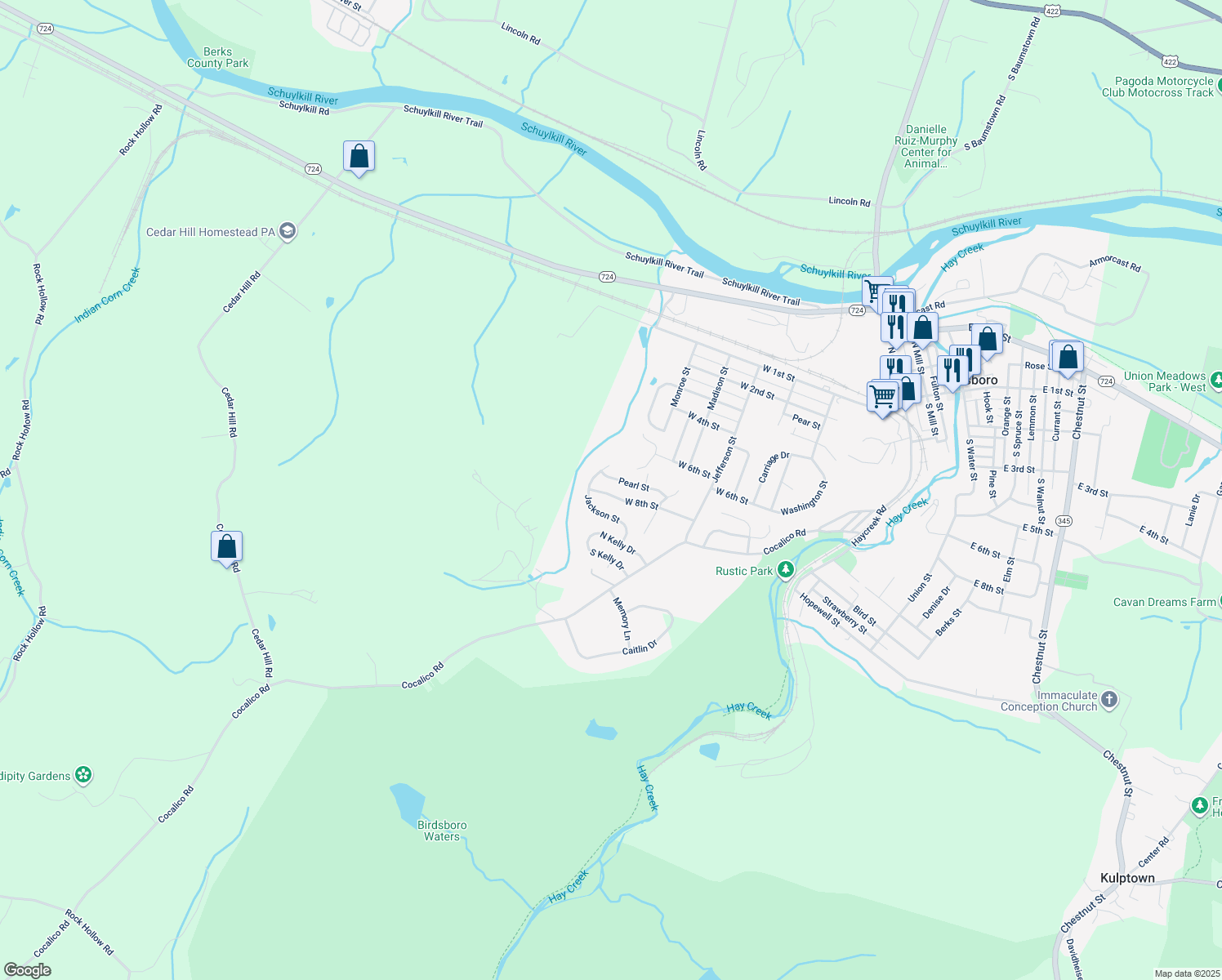 map of restaurants, bars, coffee shops, grocery stores, and more near 817 West 8th Street in Birdsboro