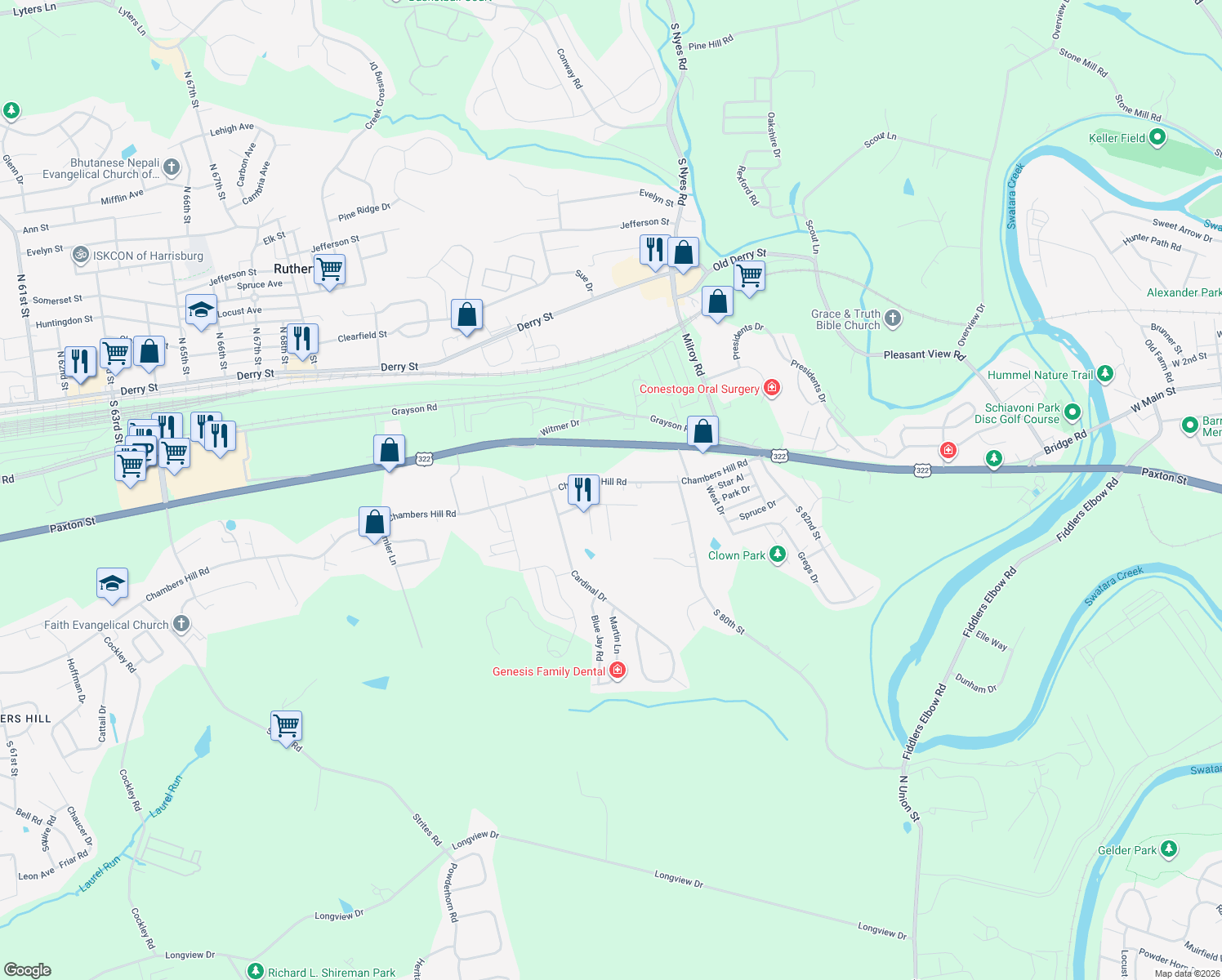 map of restaurants, bars, coffee shops, grocery stores, and more near 7831 Chambers Hill Rd in Harrisburg