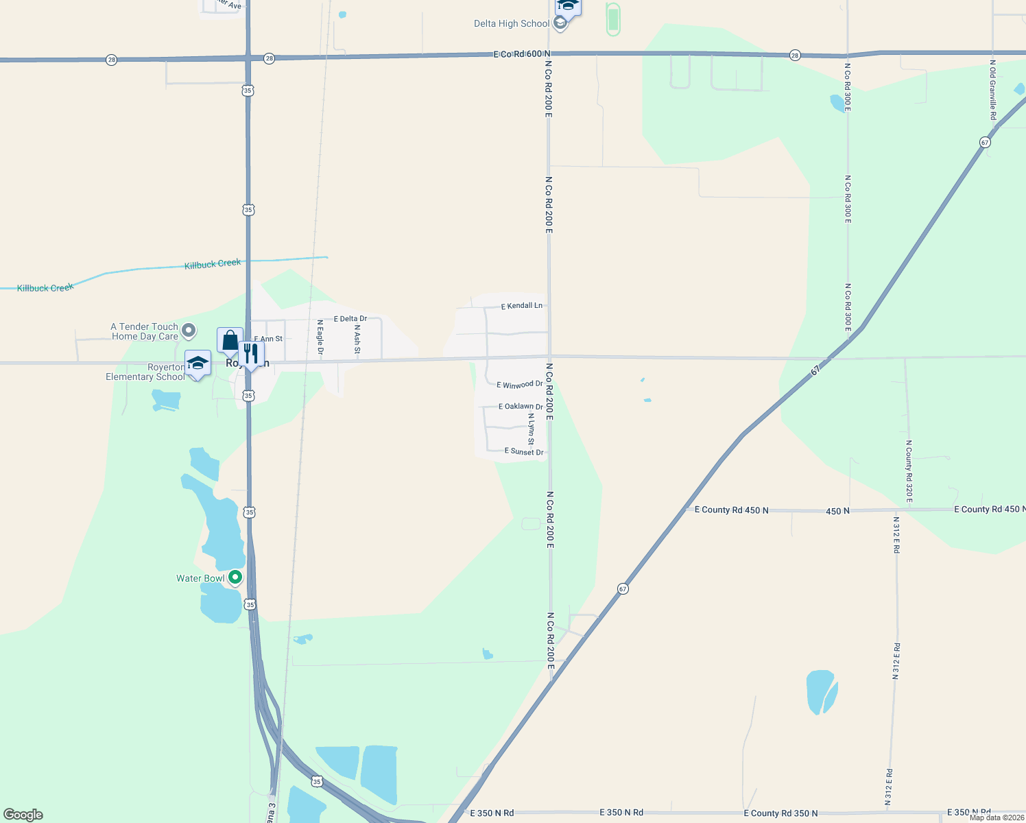 map of restaurants, bars, coffee shops, grocery stores, and more near 3101 E Oaklawn Dr in Muncie