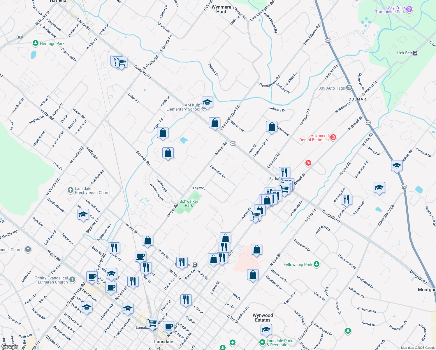 map of restaurants, bars, coffee shops, grocery stores, and more near 430 Carpenter Lane in Hatfield