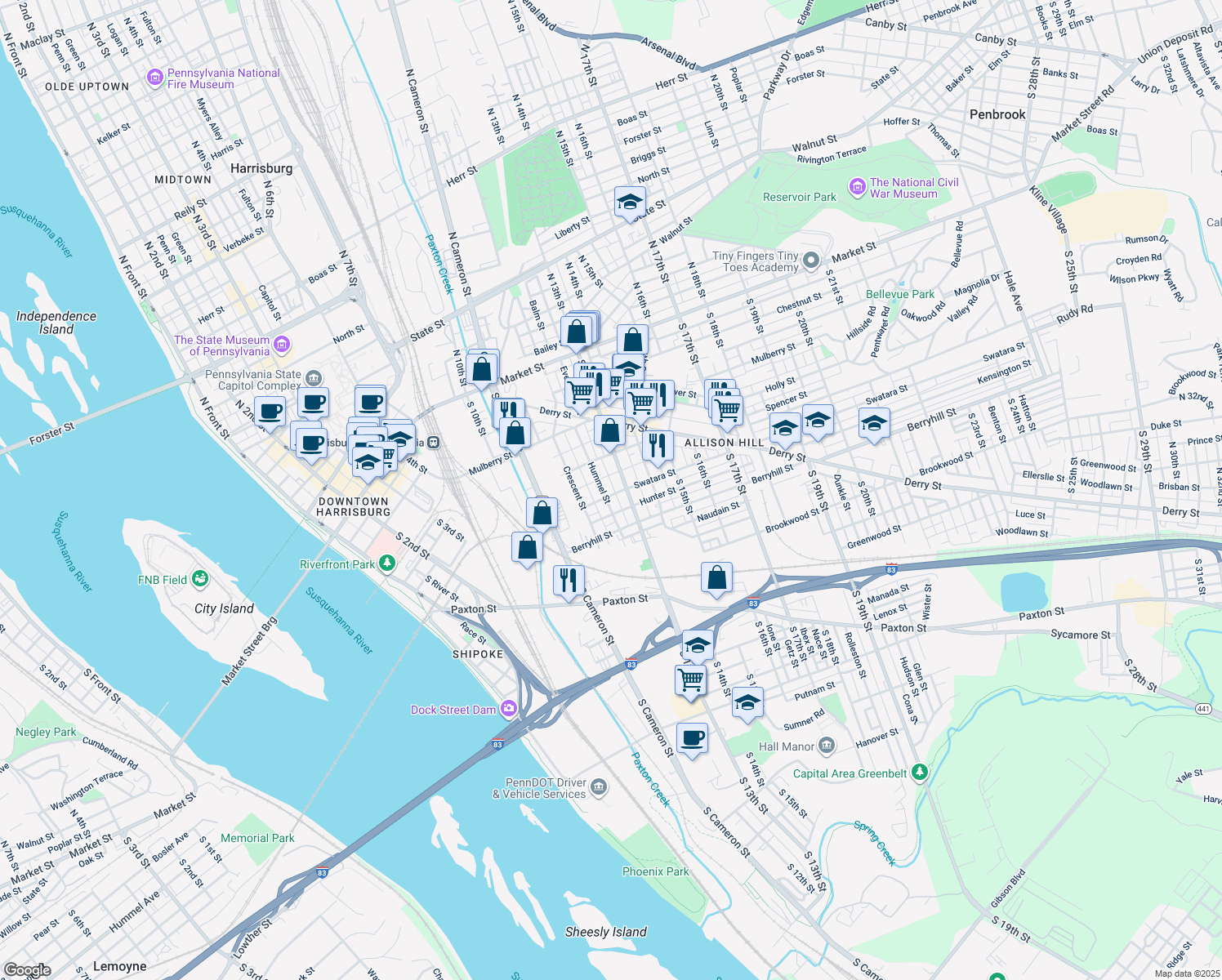 map of restaurants, bars, coffee shops, grocery stores, and more near 1250 Swatara Street in Harrisburg