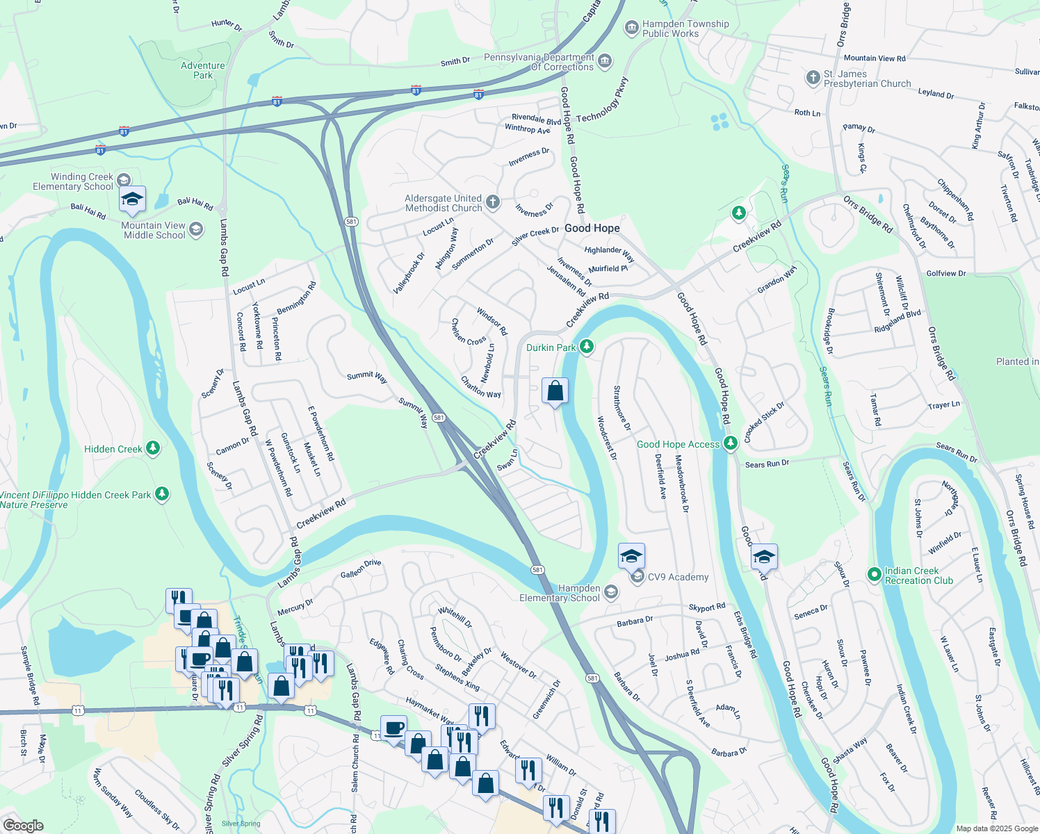 map of restaurants, bars, coffee shops, grocery stores, and more near 1131 Sandpiper Court in Mechanicsburg