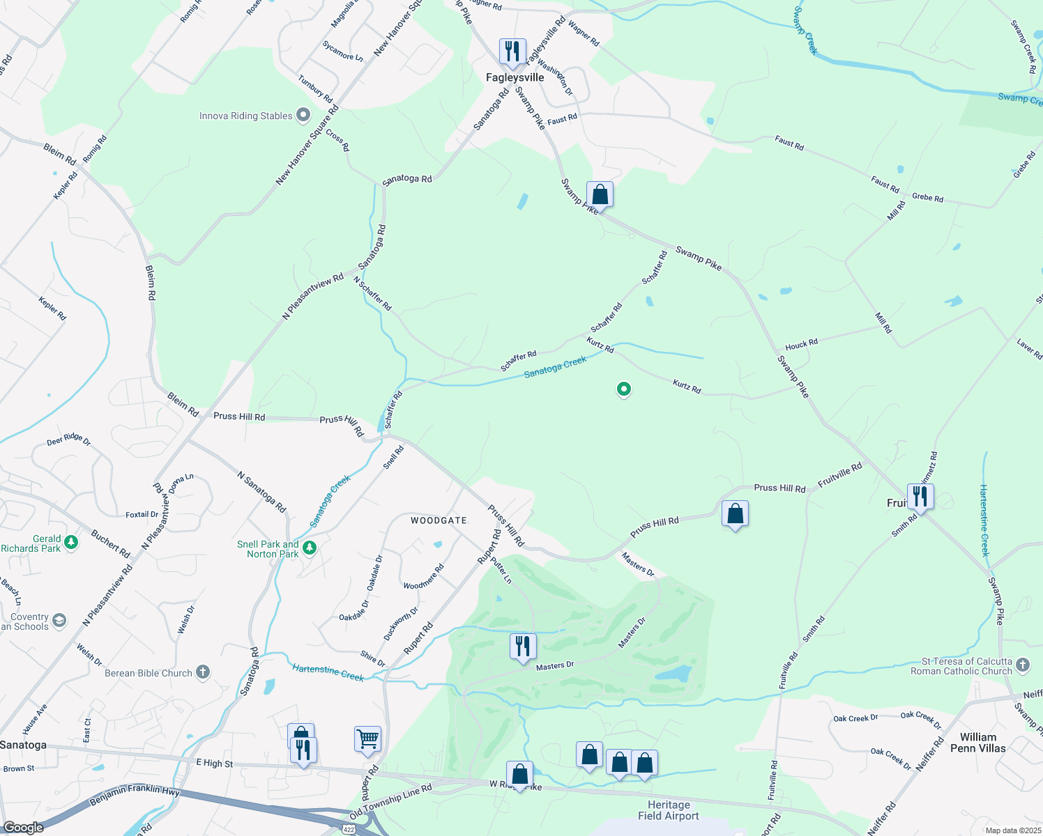 map of restaurants, bars, coffee shops, grocery stores, and more near 3089 Pruss Hill Road in Pottstown
