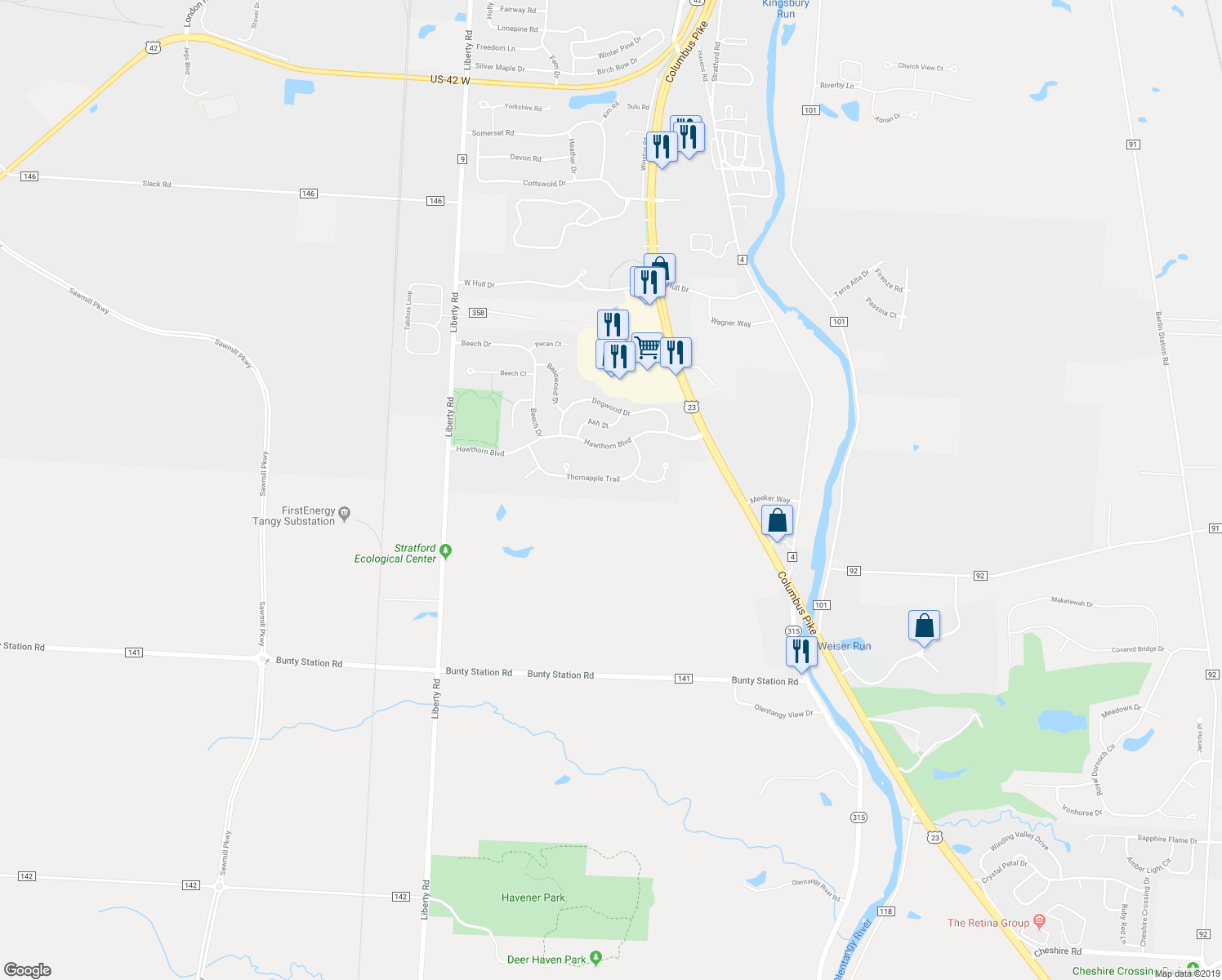 map of restaurants, bars, coffee shops, grocery stores, and more near 163 Thornapple Trail in Delaware