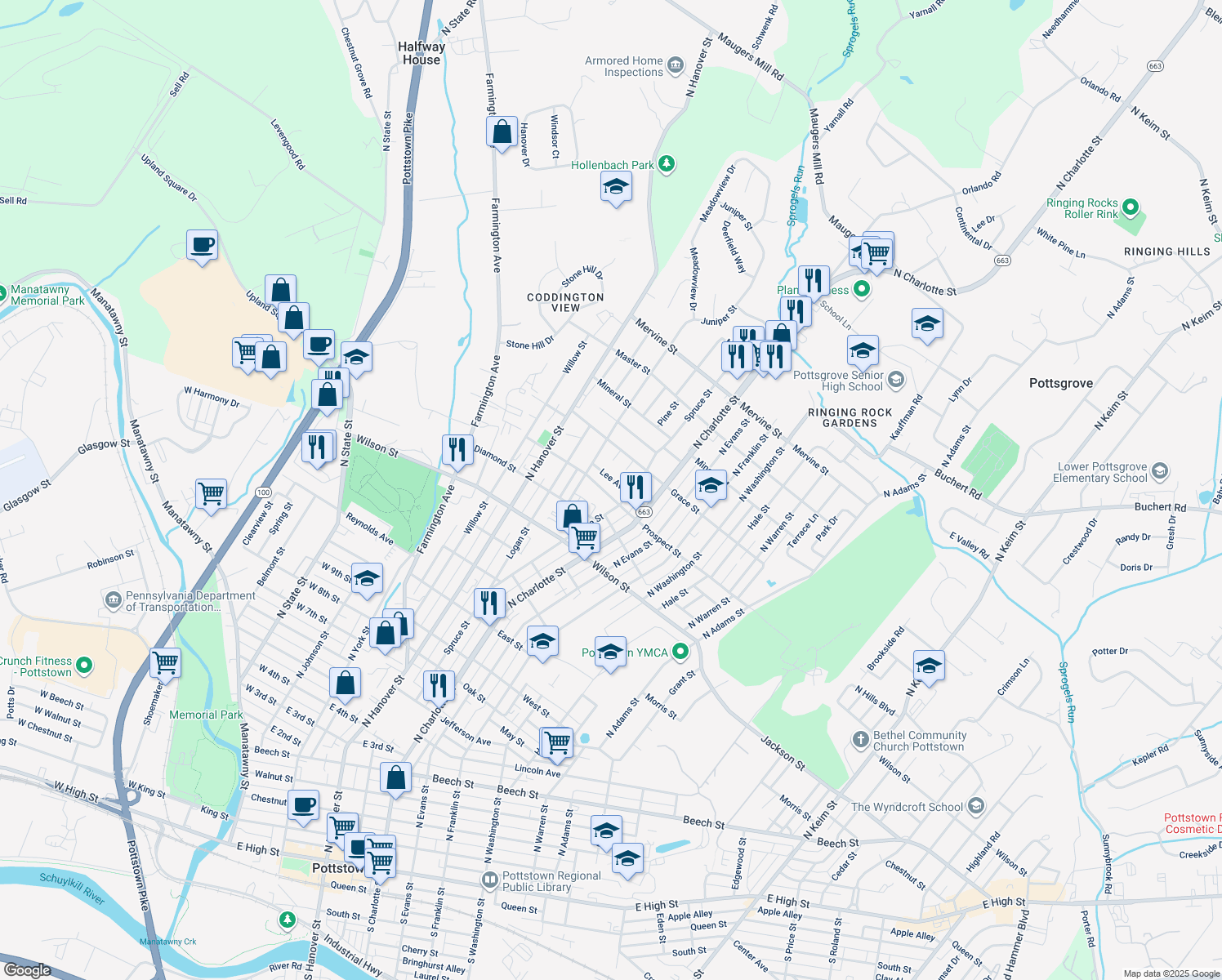 map of restaurants, bars, coffee shops, grocery stores, and more near 261 Prospect St in Pottstown