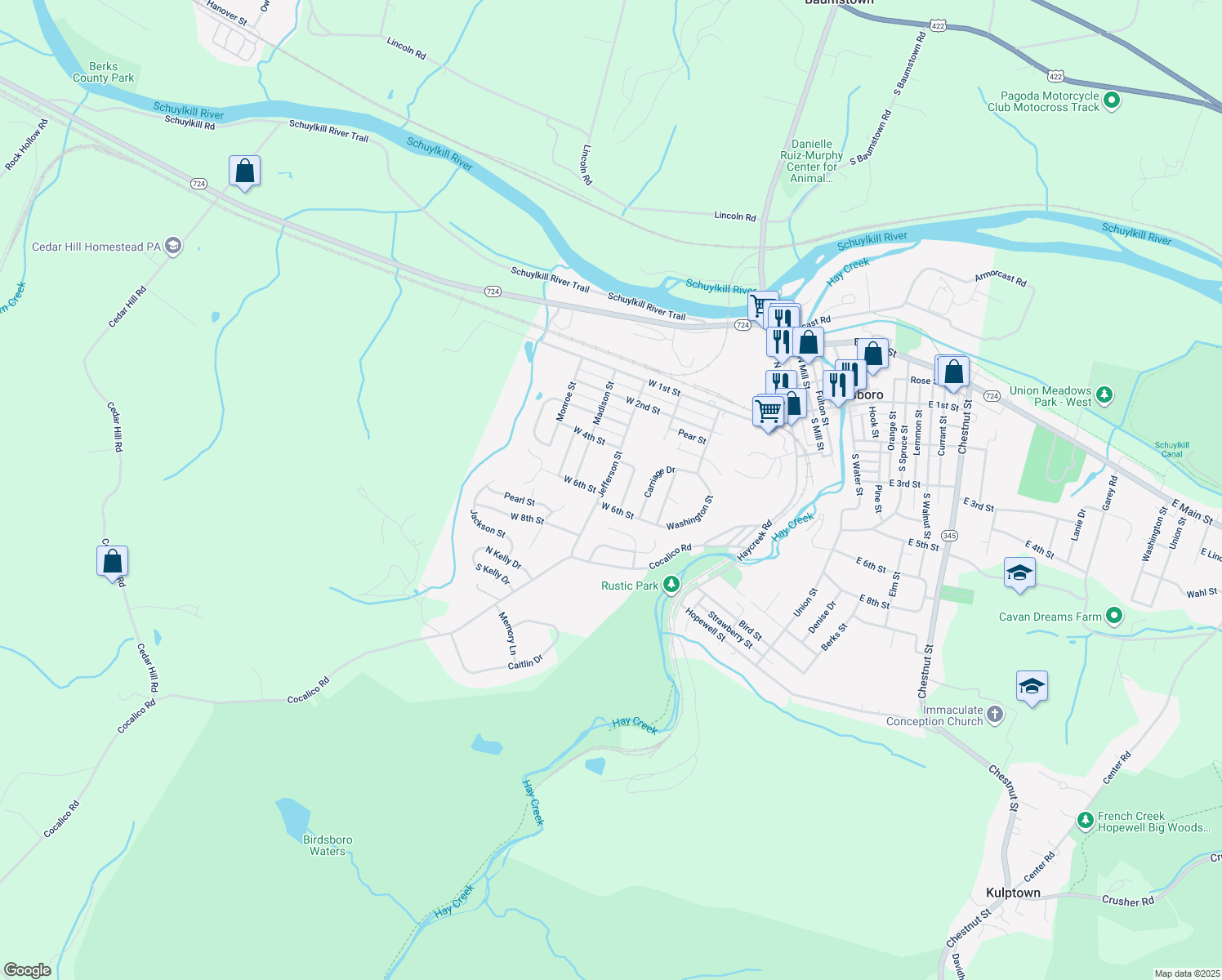 map of restaurants, bars, coffee shops, grocery stores, and more near 527 Jefferson St in Birdsboro