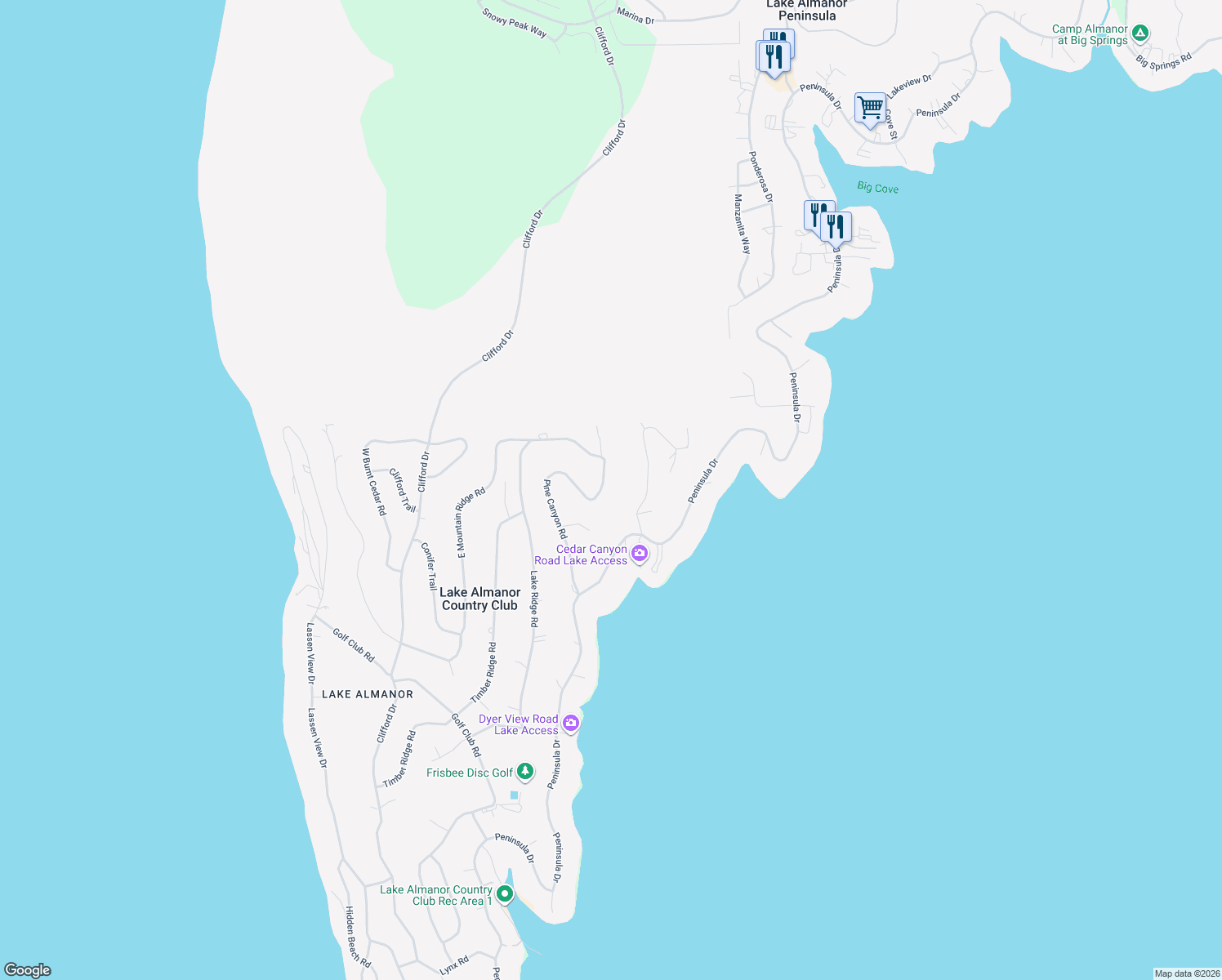 map of restaurants, bars, coffee shops, grocery stores, and more near 628 Pine Canyon Road in Lake Almanor Country Club