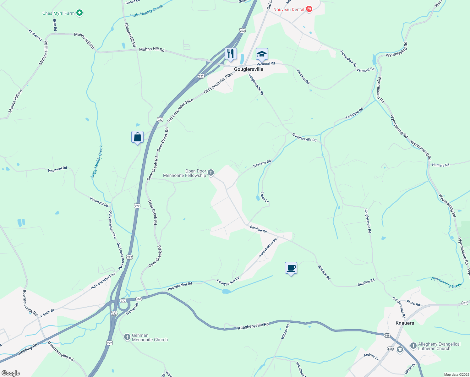 map of restaurants, bars, coffee shops, grocery stores, and more near 23 Beavens Road in Sinking Spring