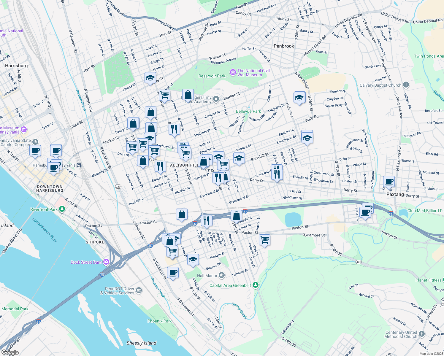 map of restaurants, bars, coffee shops, grocery stores, and more near 527 Hetrick Street in Harrisburg