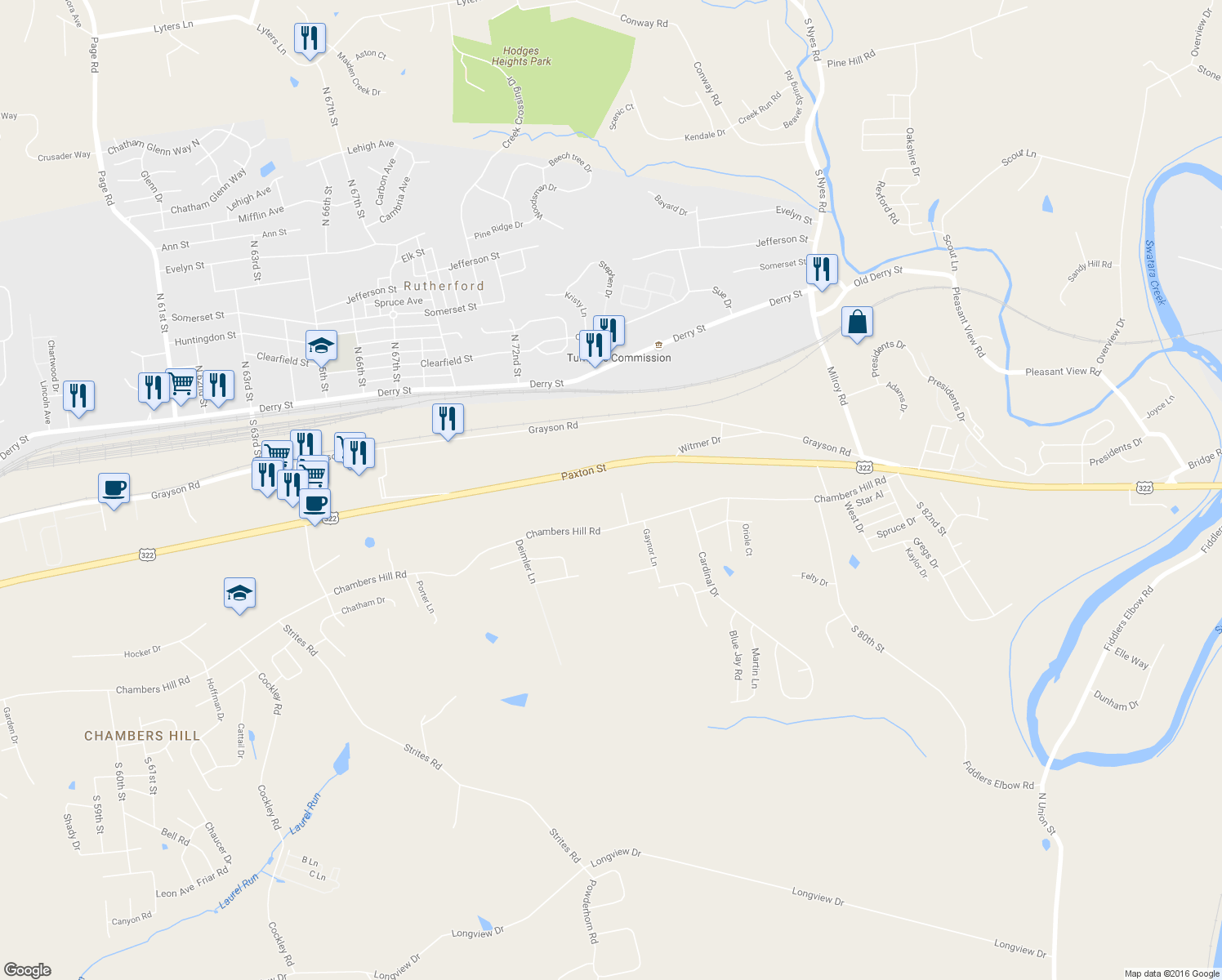 map of restaurants, bars, coffee shops, grocery stores, and more near 442 Pritchard Court in Harrisburg