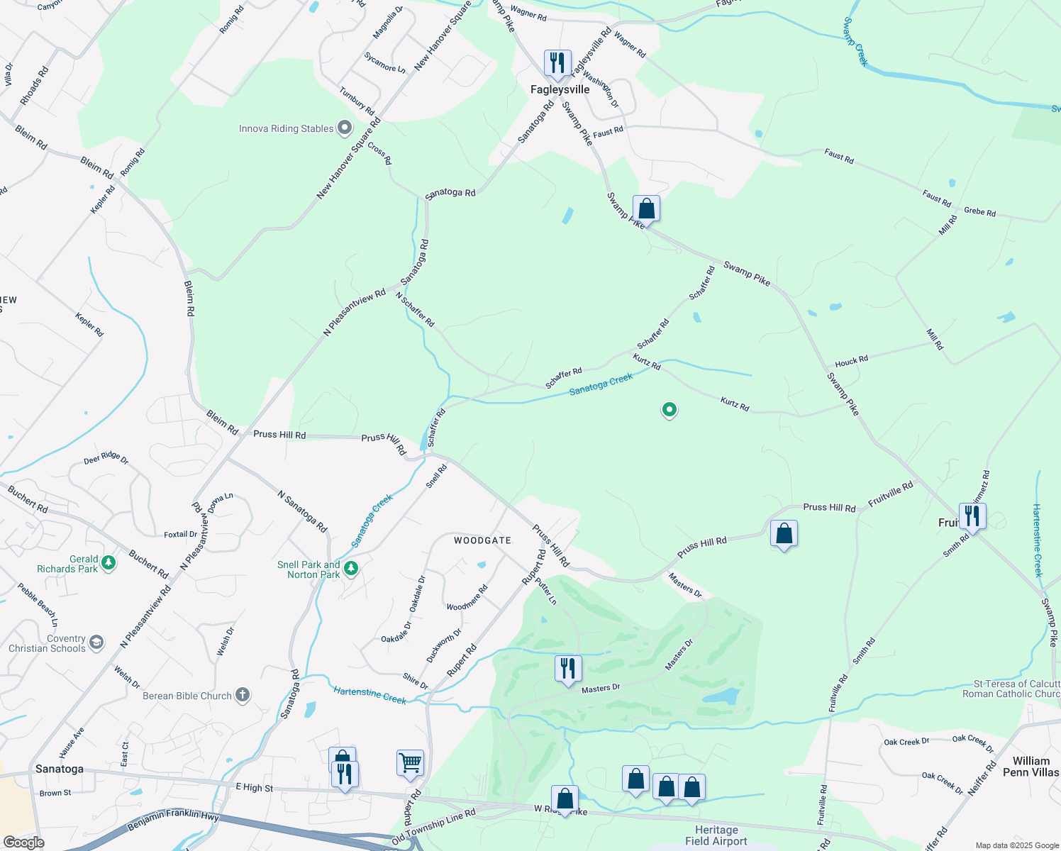 map of restaurants, bars, coffee shops, grocery stores, and more near 4060 Prospect Hill Lane in Pottstown