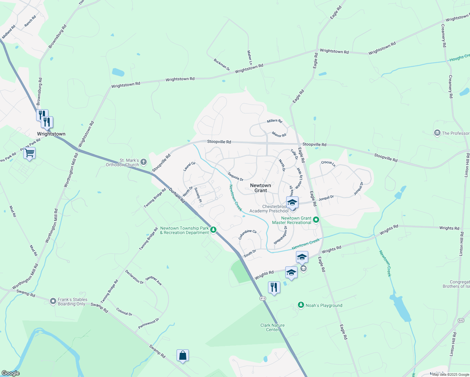 map of restaurants, bars, coffee shops, grocery stores, and more near 32 Cypress Place in Newtown