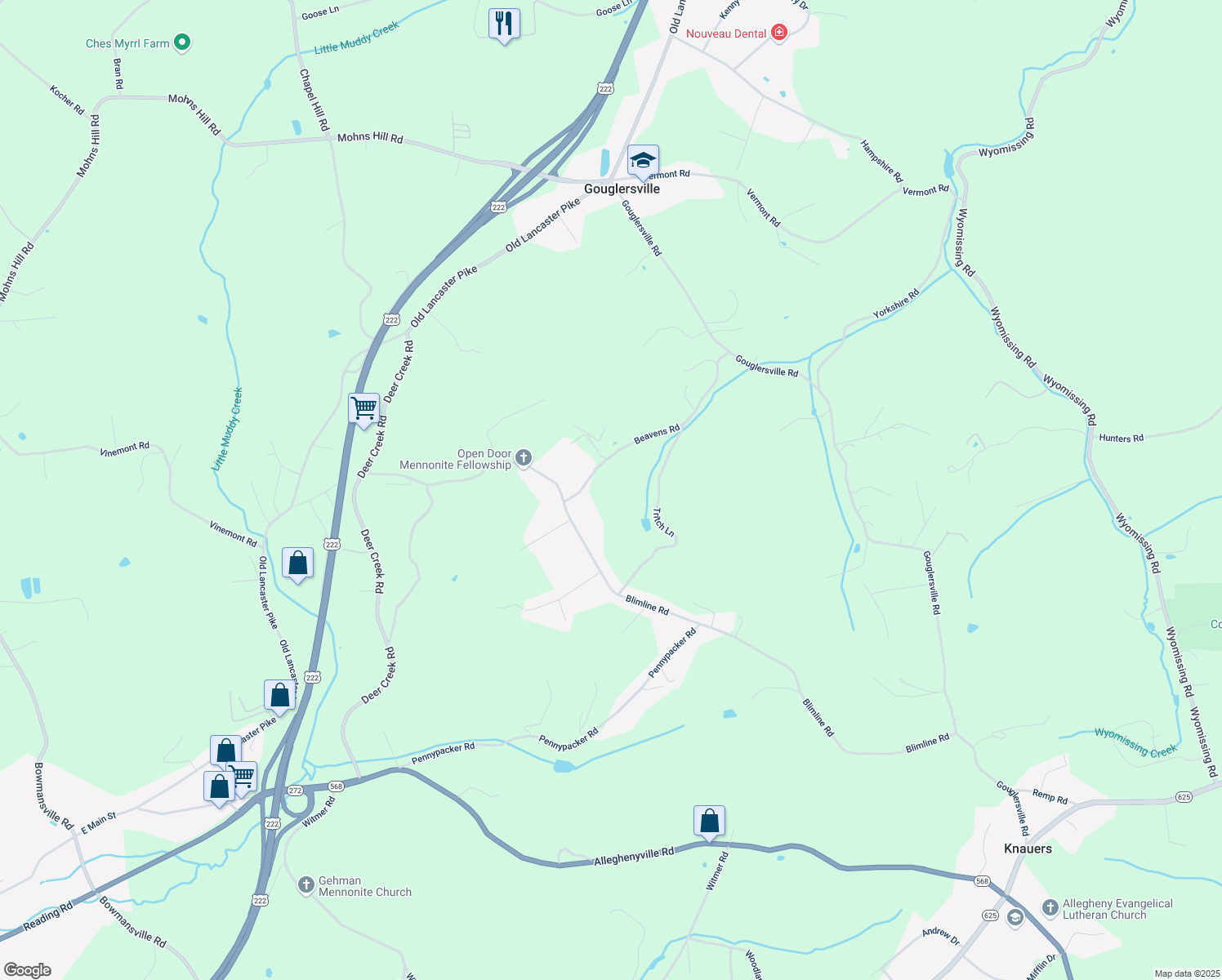 map of restaurants, bars, coffee shops, grocery stores, and more near 23 Beavens Road in Sinking Spring