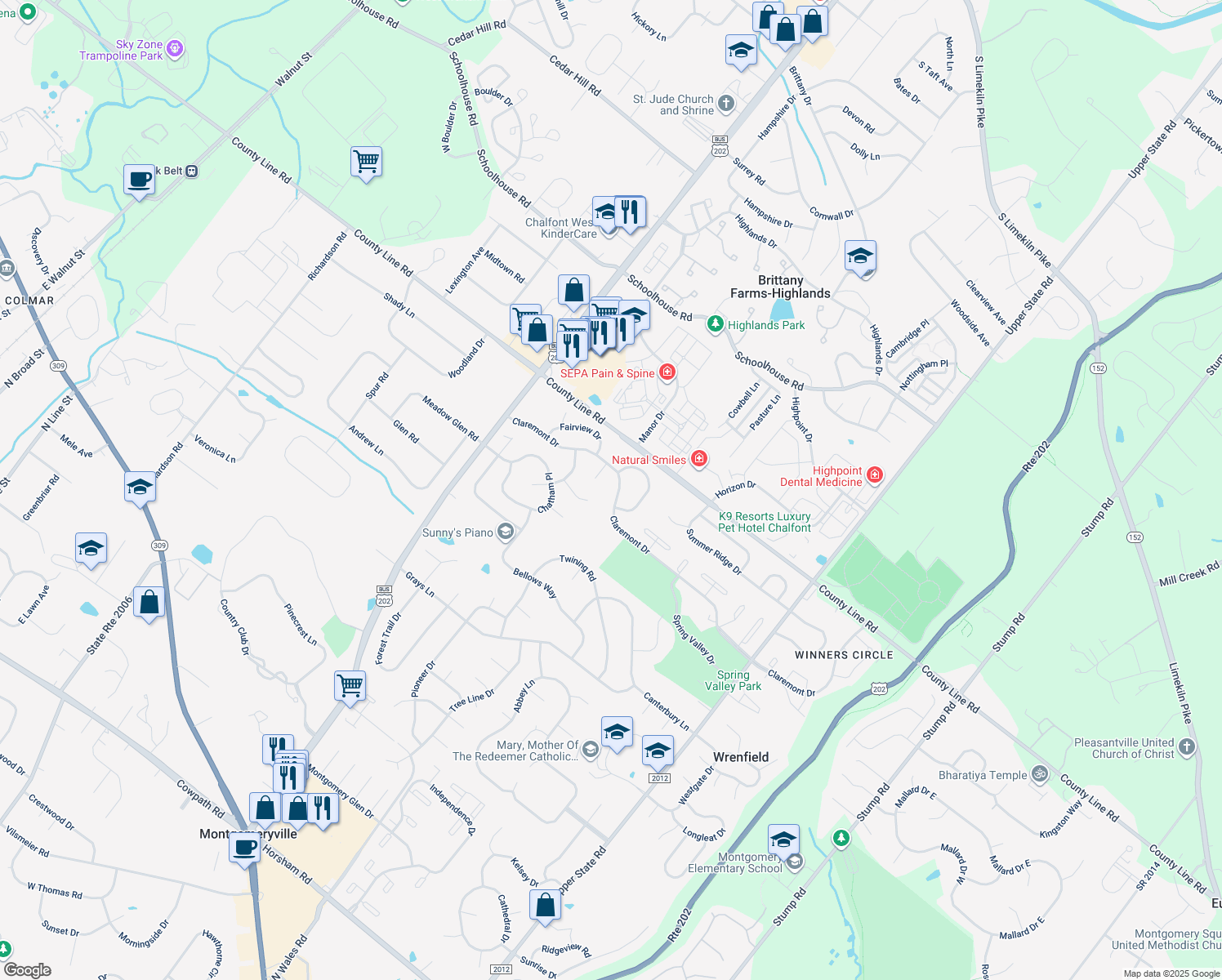 map of restaurants, bars, coffee shops, grocery stores, and more near 134 Claremont Drive in Lansdale