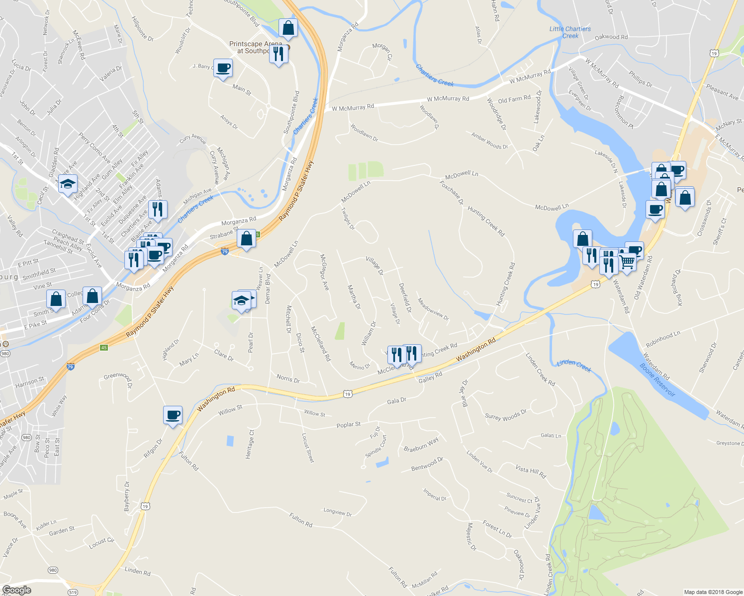 map of restaurants, bars, coffee shops, grocery stores, and more near 298 William Drive in Canonsburg