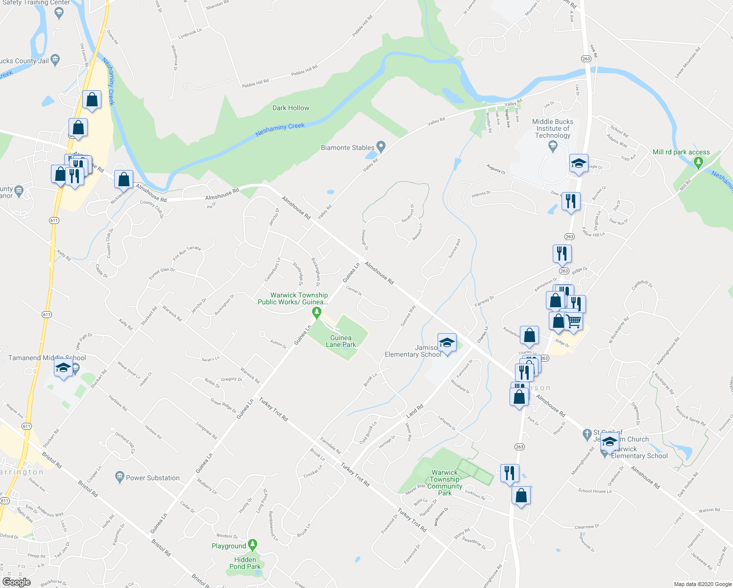 map of restaurants, bars, coffee shops, grocery stores, and more near 2041 Carmel Drive in Jamison
