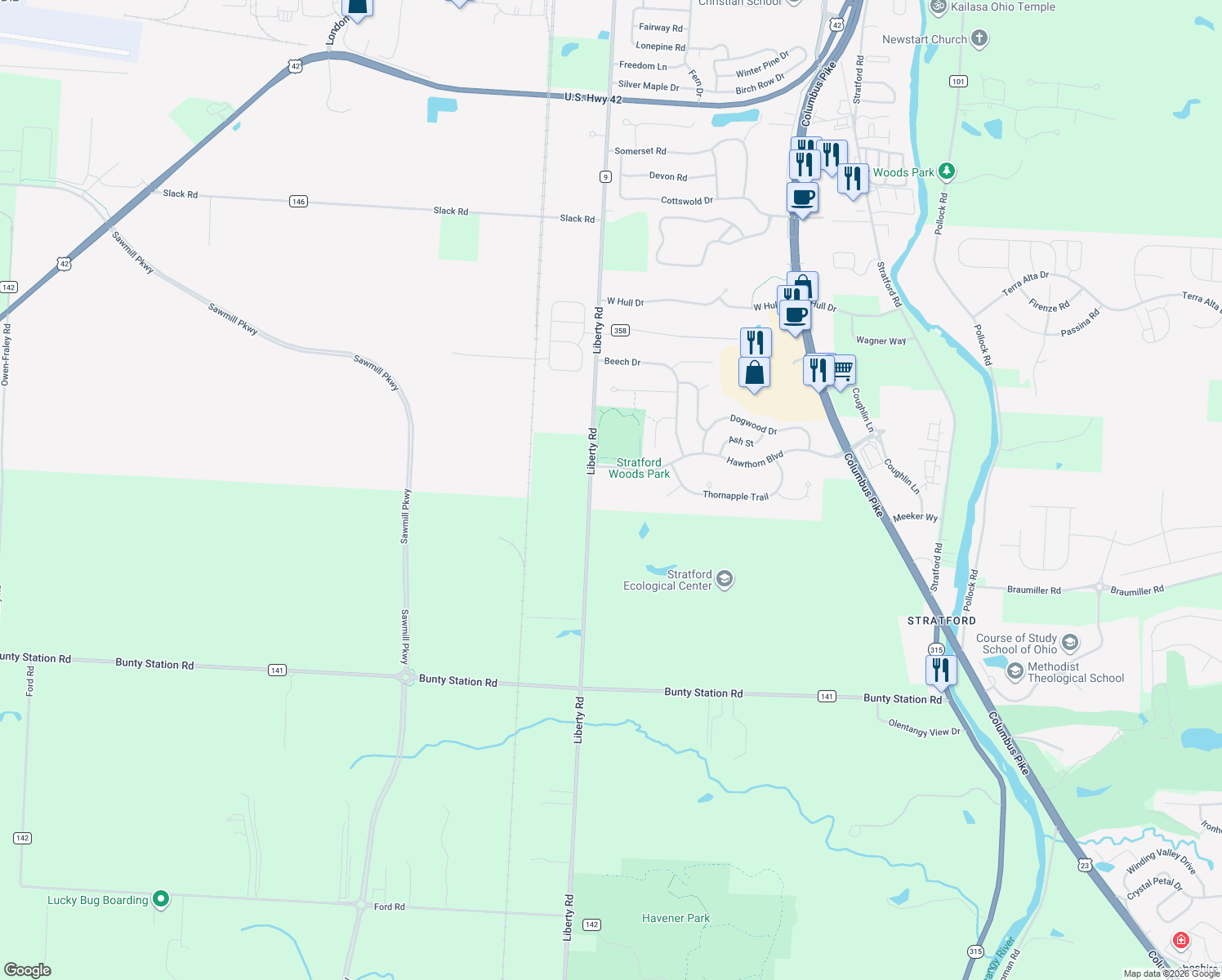 map of restaurants, bars, coffee shops, grocery stores, and more near 363 Hawthorn Blvd in Delaware