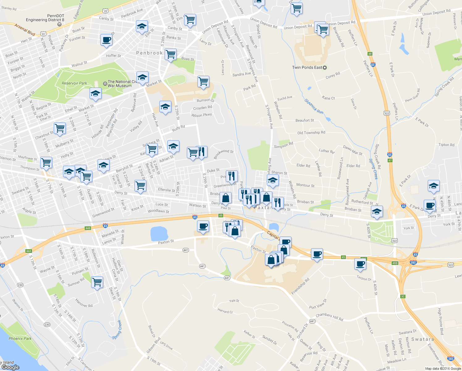 map of restaurants, bars, coffee shops, grocery stores, and more near 130 North 32nd Street in Harrisburg