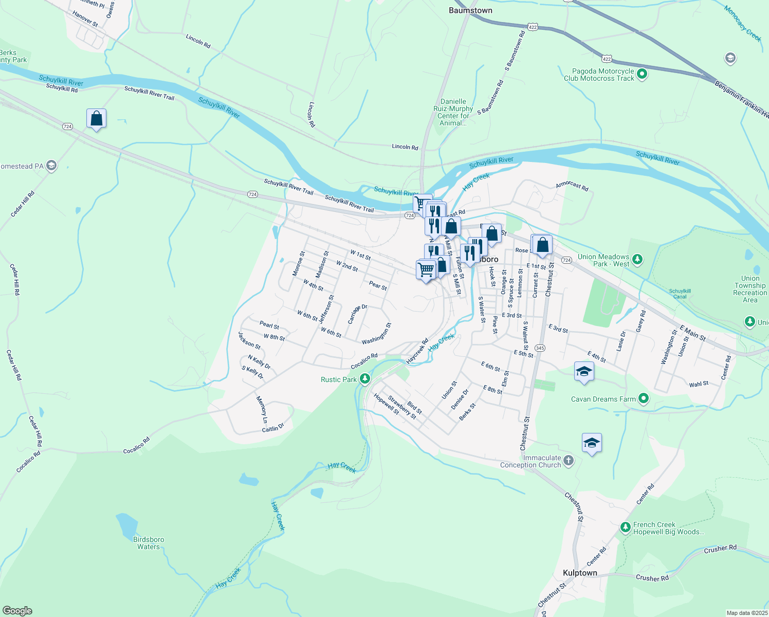 map of restaurants, bars, coffee shops, grocery stores, and more near 300 Washington Street in Birdsboro