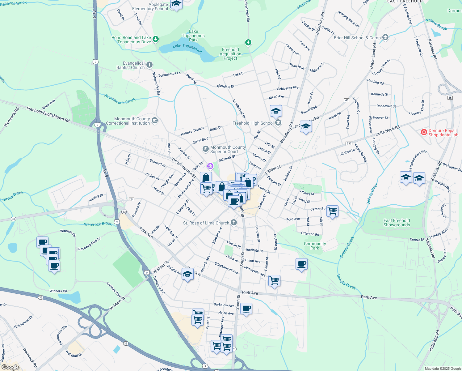 map of restaurants, bars, coffee shops, grocery stores, and more near 35 Court Street in Freehold