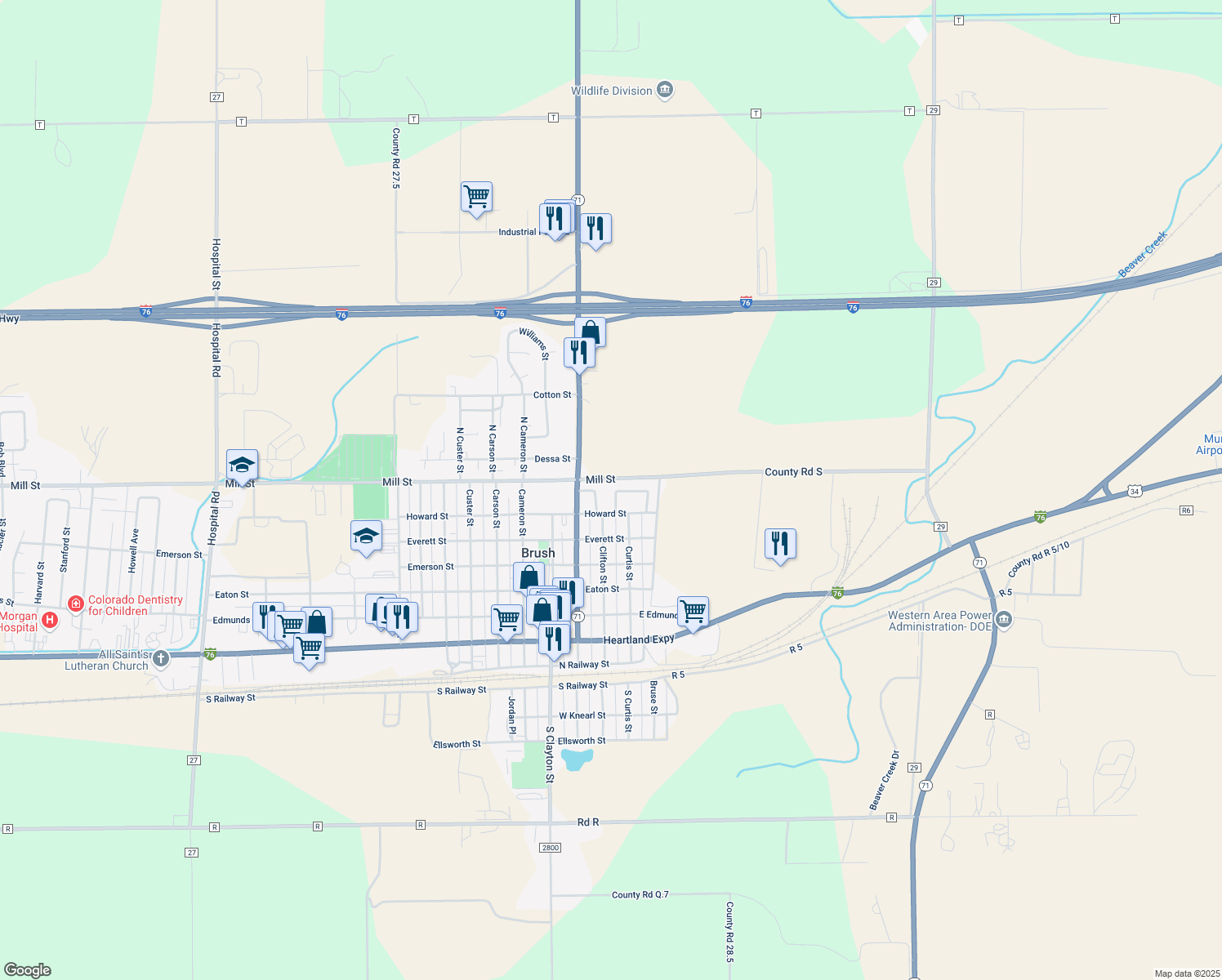 map of restaurants, bars, coffee shops, grocery stores, and more near 5 Circle Drive in Brush
