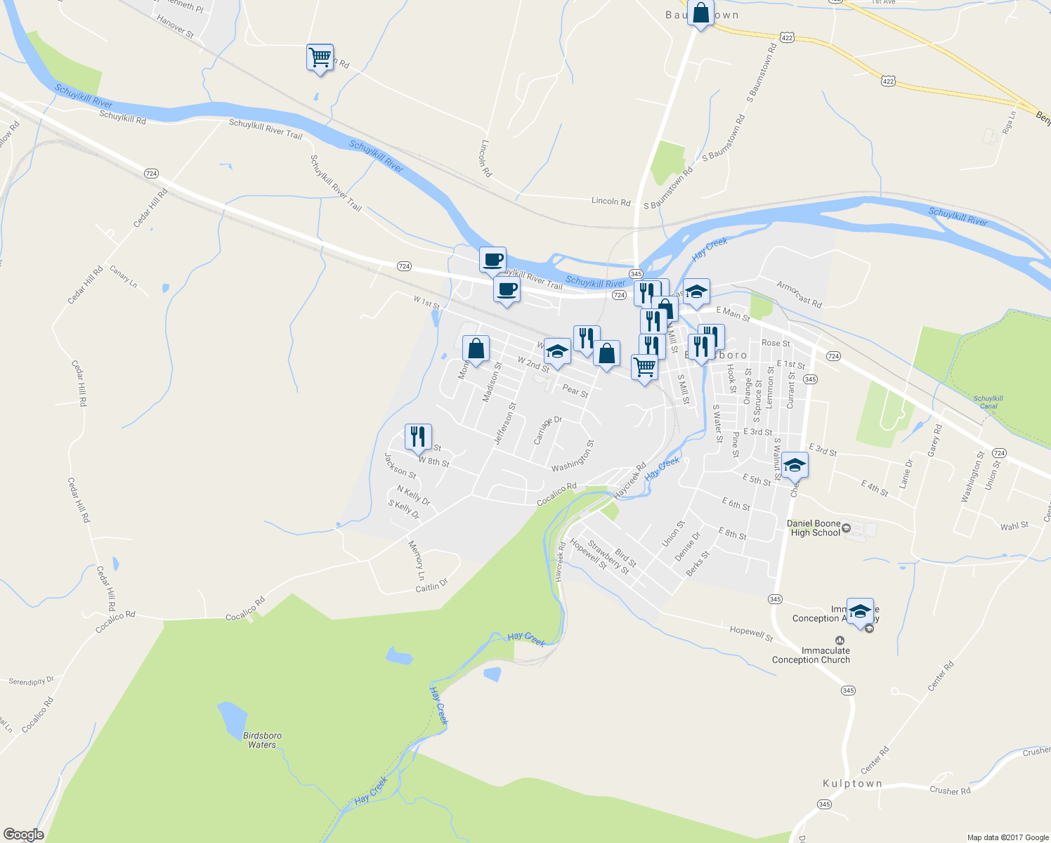 map of restaurants, bars, coffee shops, grocery stores, and more near Silver Brook Drive in Birdsboro
