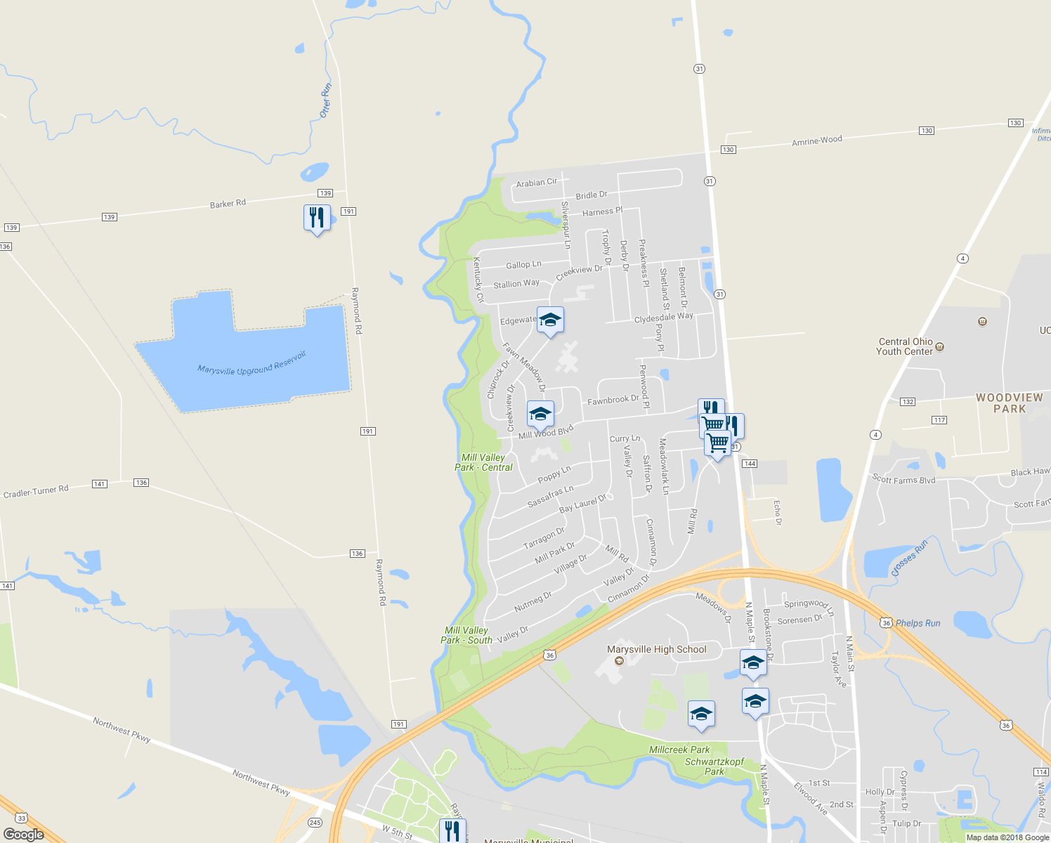 map of restaurants, bars, coffee shops, grocery stores, and more near 815 Lone Rise Drive West in Marysville