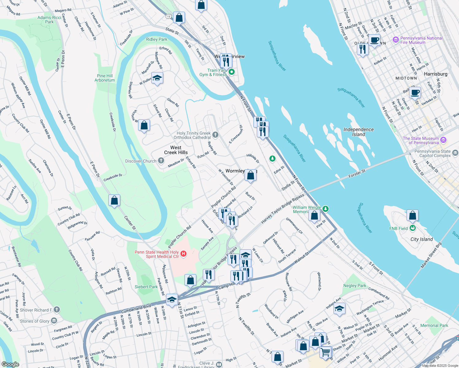 map of restaurants, bars, coffee shops, grocery stores, and more near 550 Grandview Avenue in Camp Hill