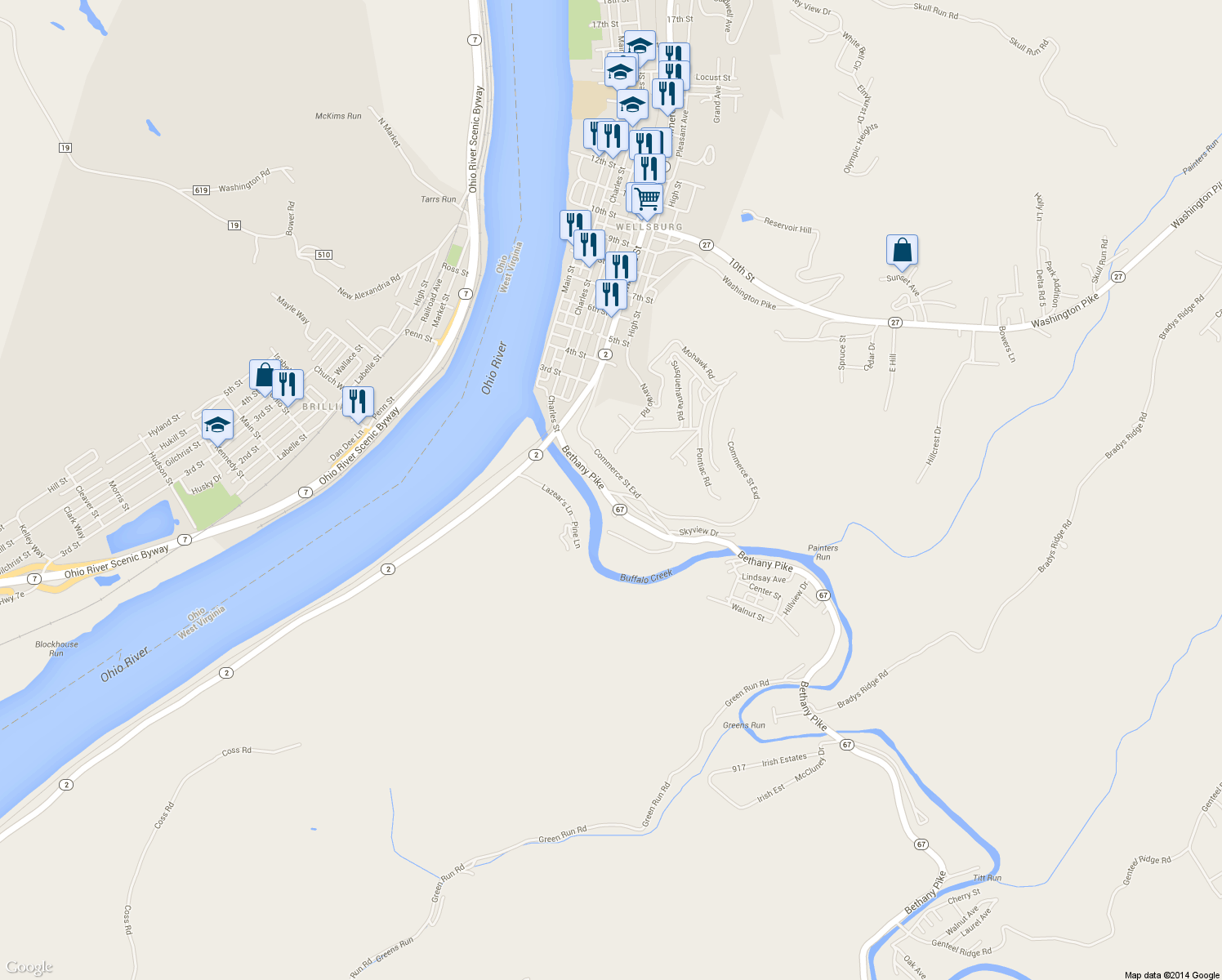 map of restaurants, bars, coffee shops, grocery stores, and more near 13 Cunningham Lane in Wellsburg