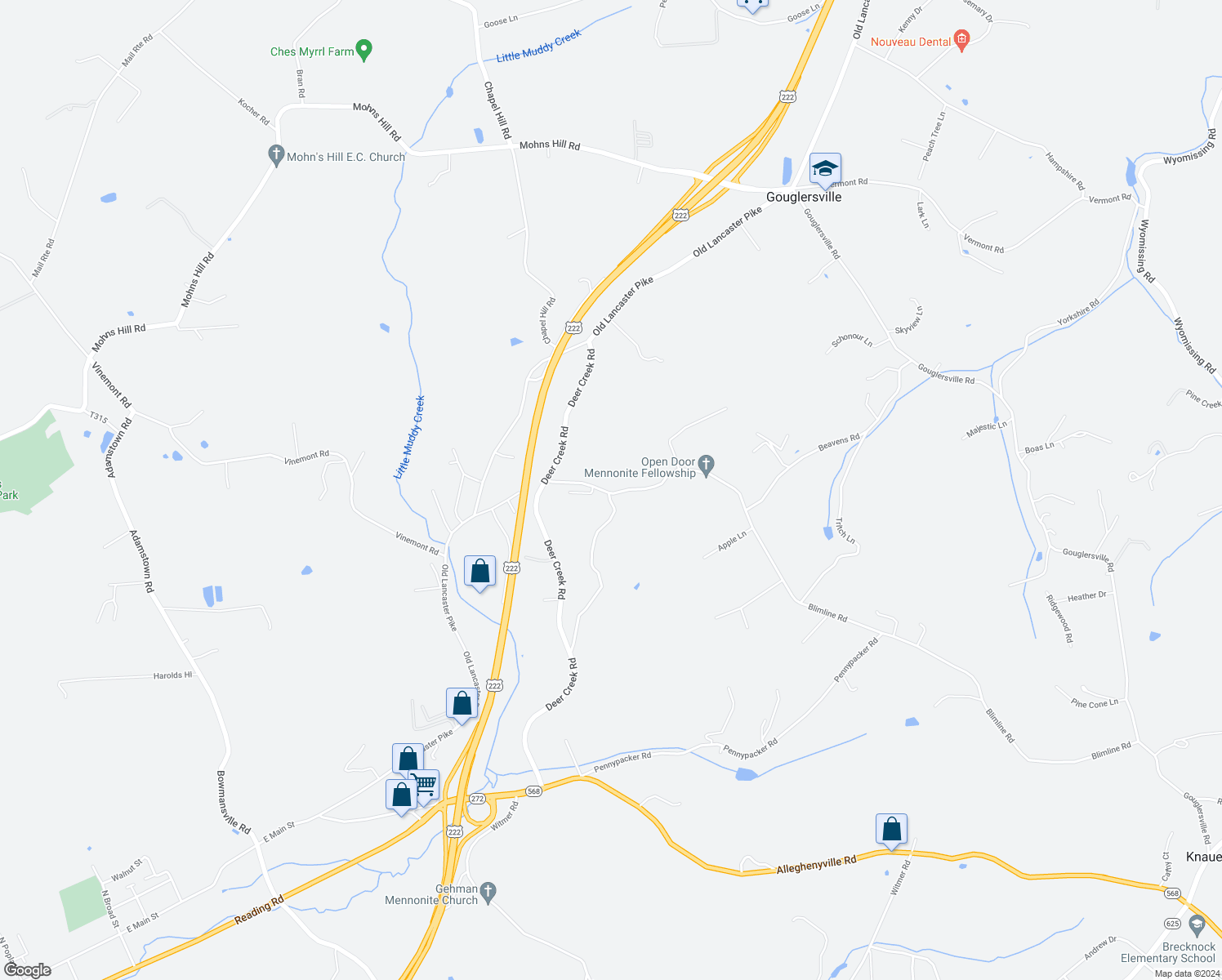 map of restaurants, bars, coffee shops, grocery stores, and more near 113 Blimline Road in Sinking Spring