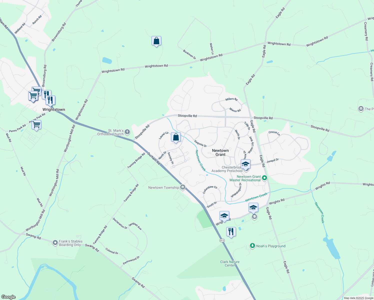 map of restaurants, bars, coffee shops, grocery stores, and more near 3006 Society Place in Newtown