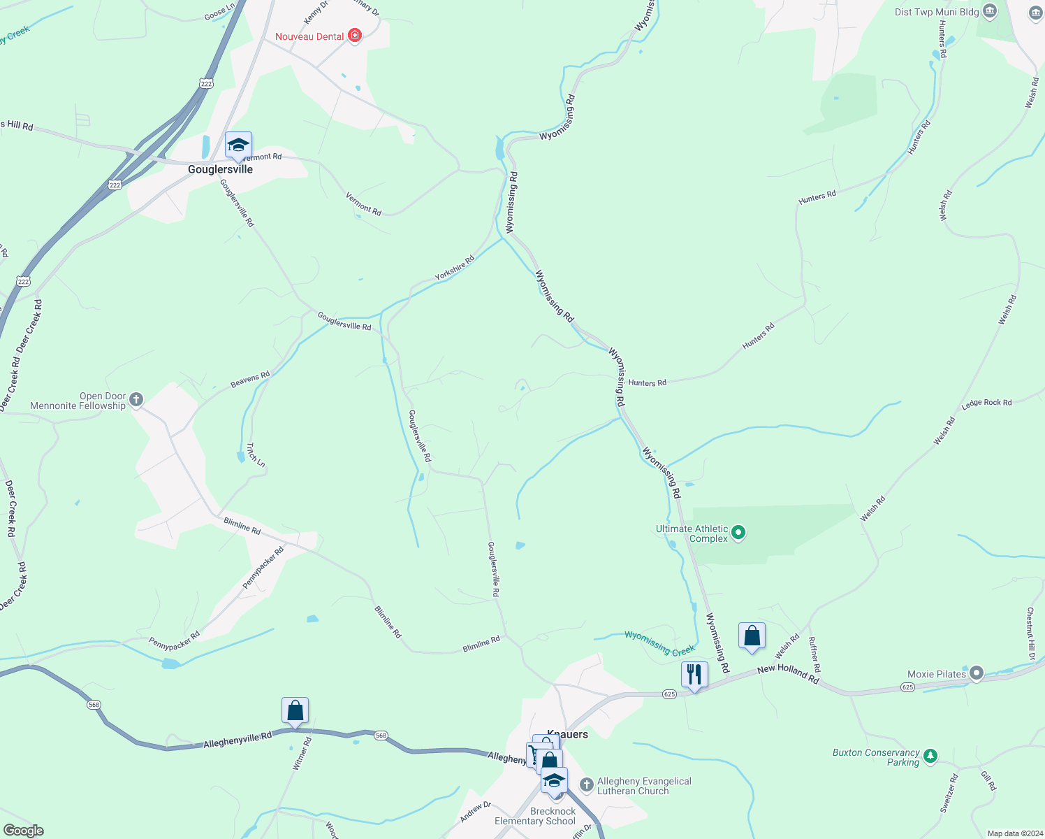 map of restaurants, bars, coffee shops, grocery stores, and more near 1280 Hunters Road in Mohnton