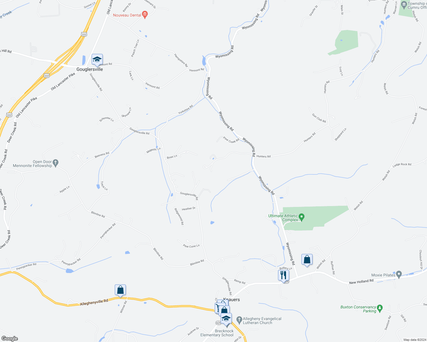 map of restaurants, bars, coffee shops, grocery stores, and more near 1280 Hunters Road in Mohnton