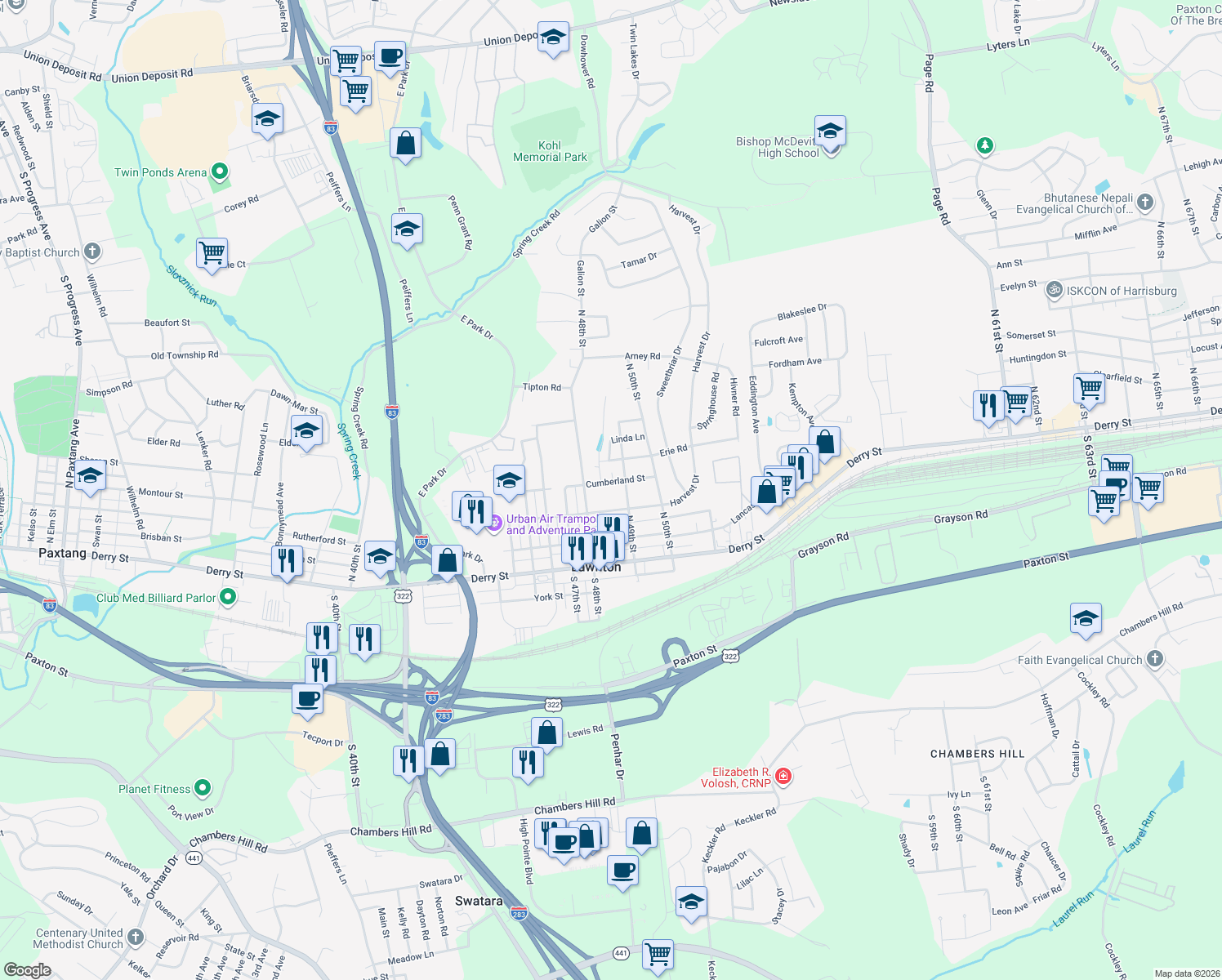 map of restaurants, bars, coffee shops, grocery stores, and more near 4819 Cumberland Street in Harrisburg