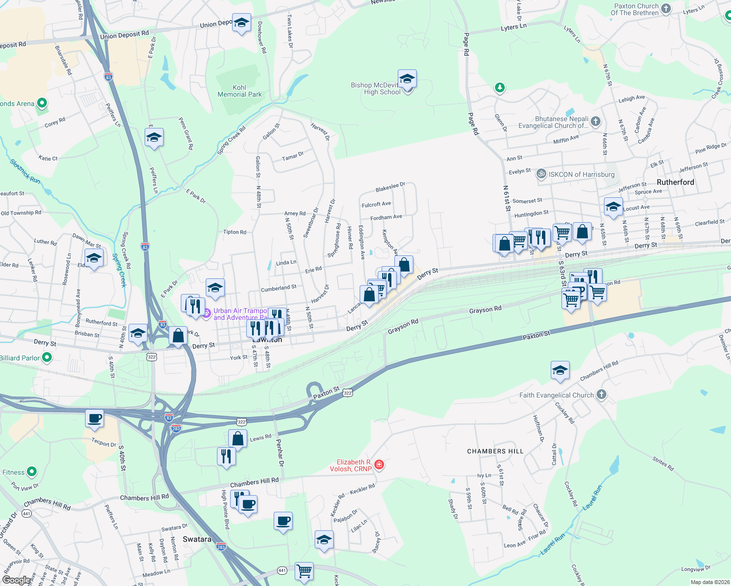 map of restaurants, bars, coffee shops, grocery stores, and more near 5450 Lancaster Street in Harrisburg