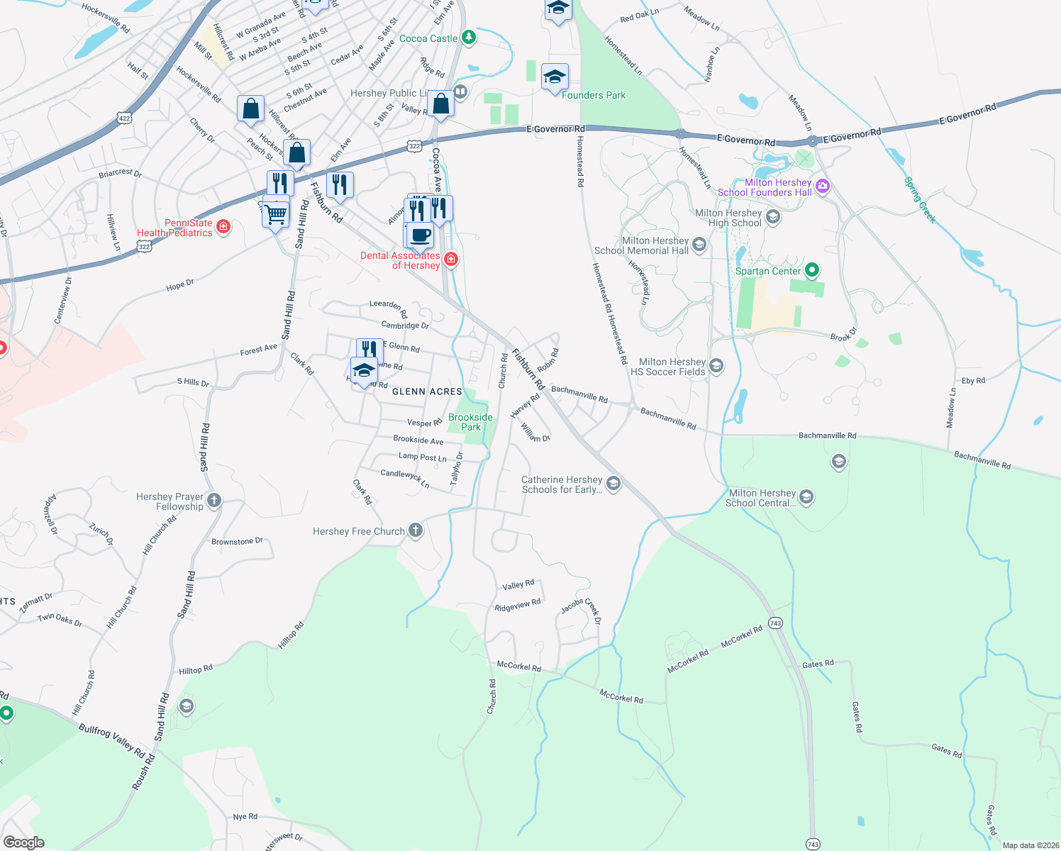 map of restaurants, bars, coffee shops, grocery stores, and more near 348 William Drive in Hershey