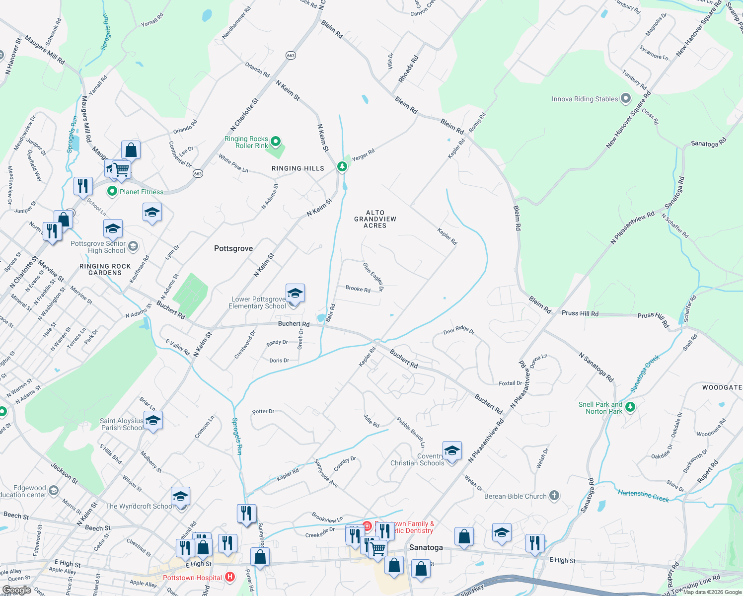 map of restaurants, bars, coffee shops, grocery stores, and more near 1495 Cedar Hill Road in Pottstown