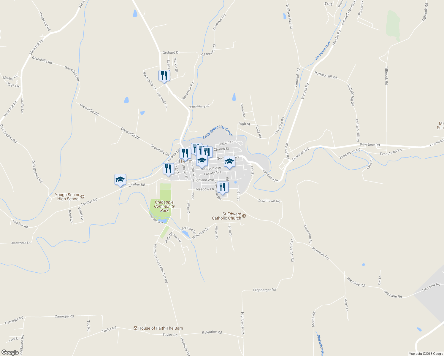 map of restaurants, bars, coffee shops, grocery stores, and more near 403 Highland Ave in Herminie