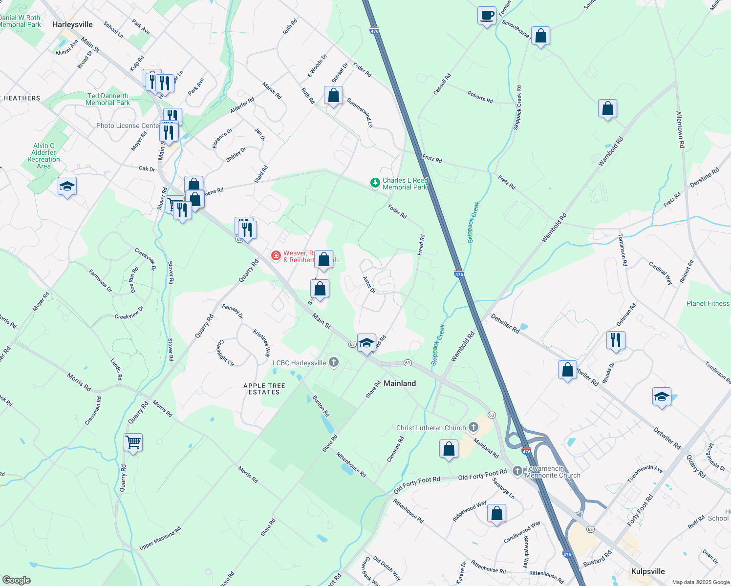 map of restaurants, bars, coffee shops, grocery stores, and more near 305 Vanderbilt Ln in Harleysville
