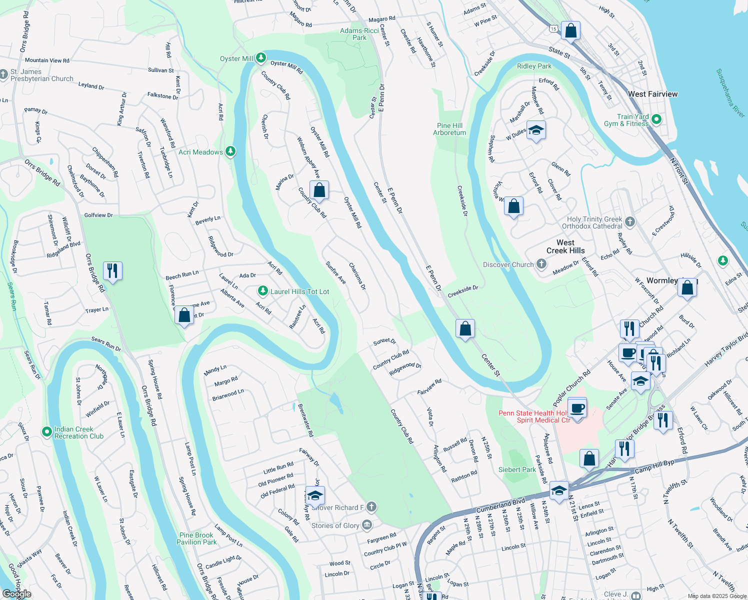 map of restaurants, bars, coffee shops, grocery stores, and more near 33 Charisma Dr in Camp Hill