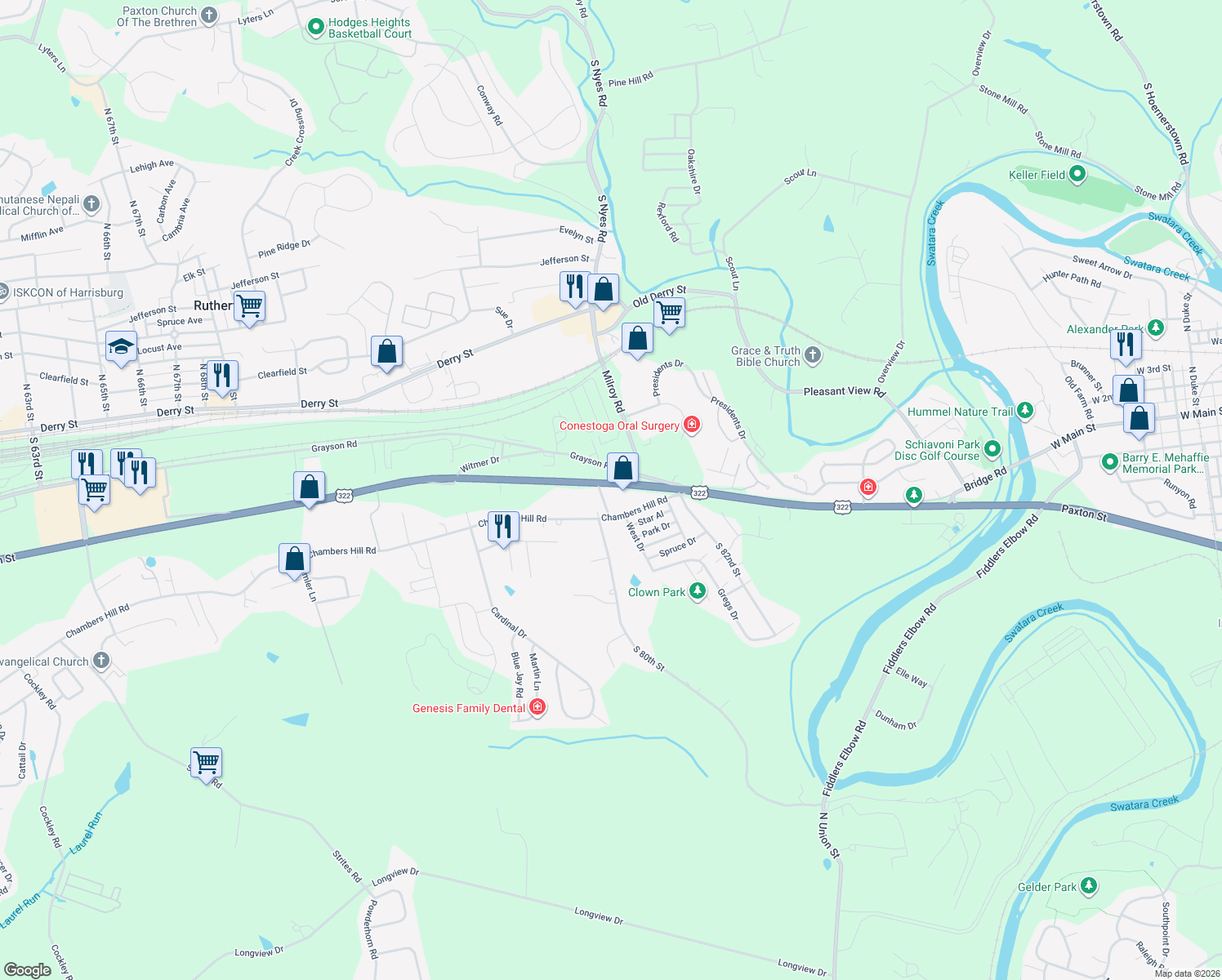 map of restaurants, bars, coffee shops, grocery stores, and more near 8001 Paxton St in Harrisburg