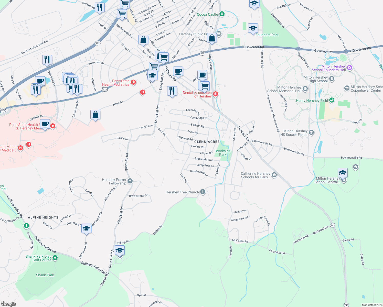 map of restaurants, bars, coffee shops, grocery stores, and more near 471 Leearden Rd in Hershey