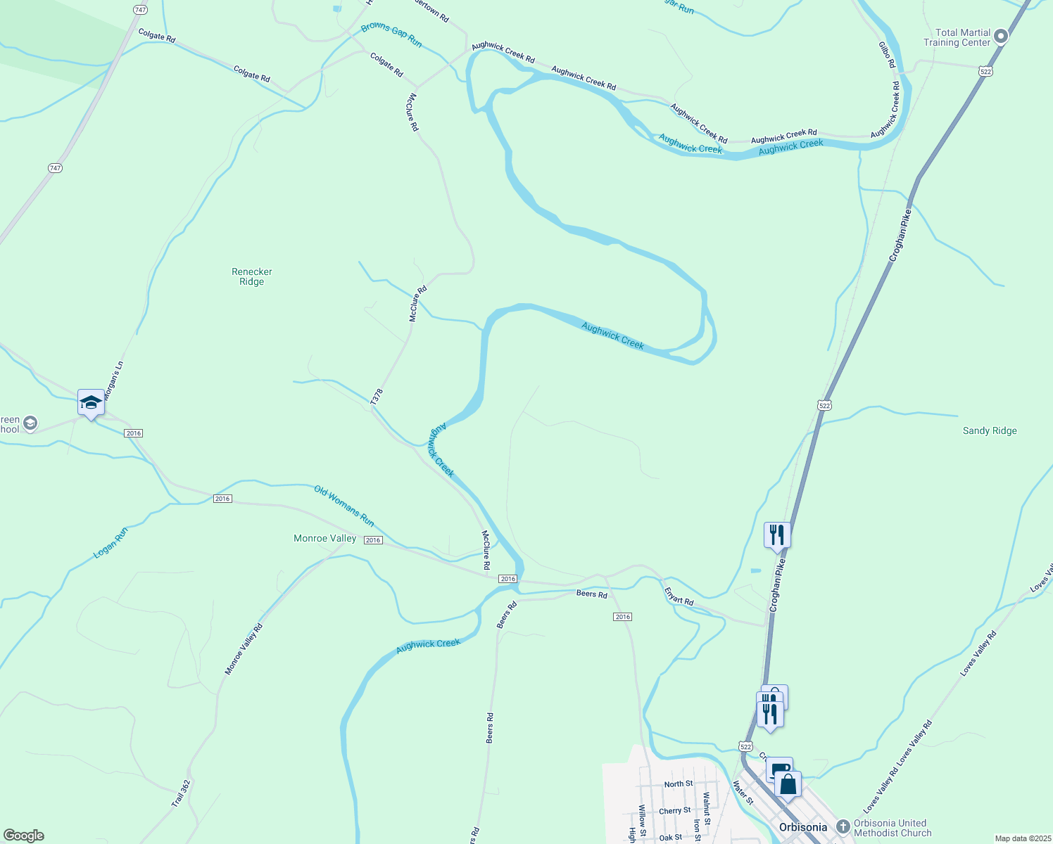 map of restaurants, bars, coffee shops, grocery stores, and more near 18116 Clark Road in Shirleysburg