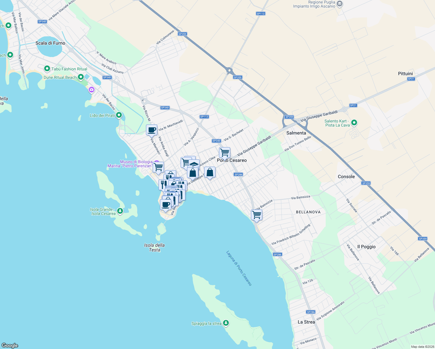 map of restaurants, bars, coffee shops, grocery stores, and more near 22 Via Vincenzo Petraroli in Porto Cesareo