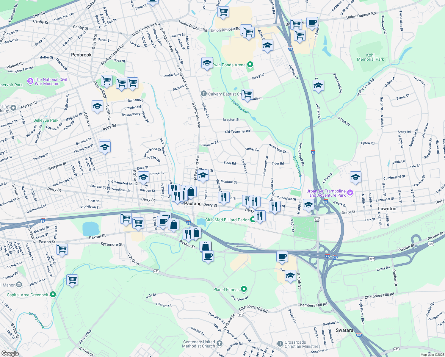 map of restaurants, bars, coffee shops, grocery stores, and more near 3704 Montour Street in Harrisburg