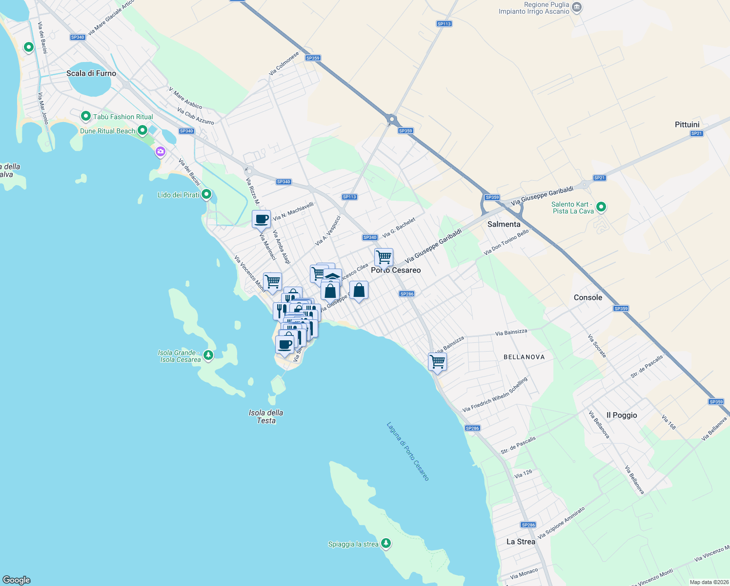 map of restaurants, bars, coffee shops, grocery stores, and more near 22 Via Vincenzo Petraroli in Porto Cesareo
