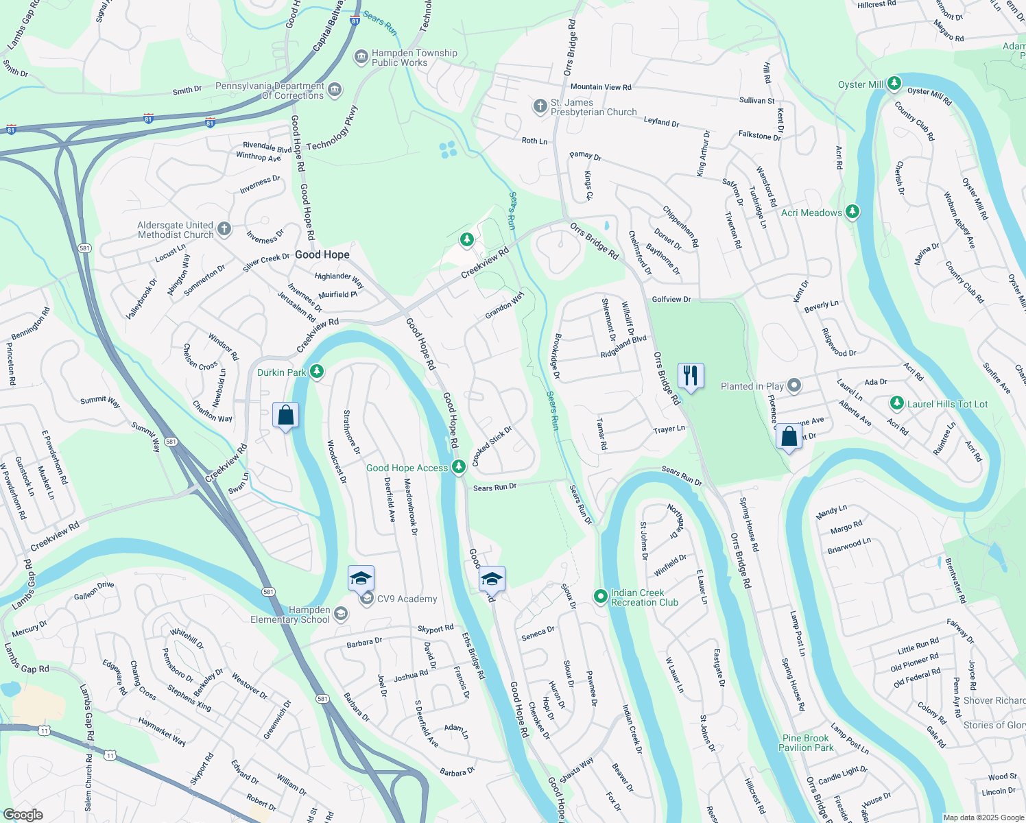 map of restaurants, bars, coffee shops, grocery stores, and more near 810 Crooked Stick Drive in Mechanicsburg