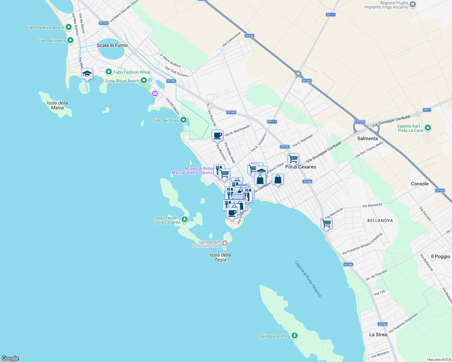 map of restaurants, bars, coffee shops, grocery stores, and more near 92 Via Vincenzo Monti in Porto Cesareo