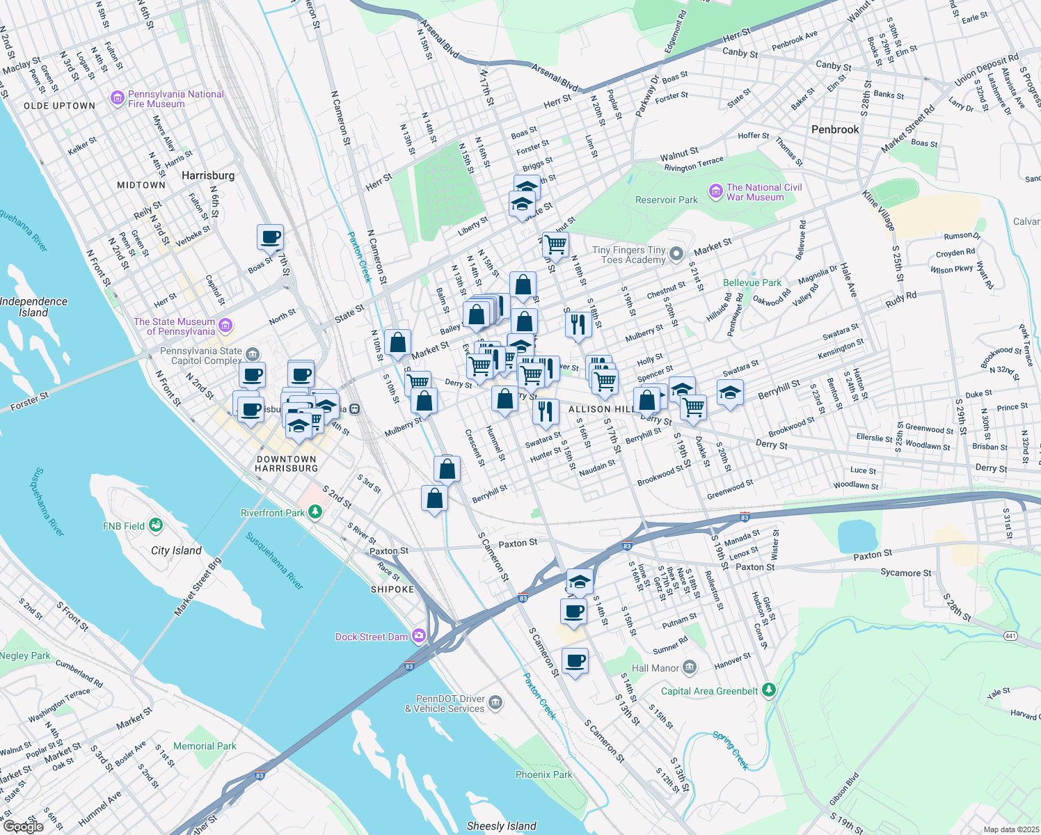 map of restaurants, bars, coffee shops, grocery stores, and more near 1317 Kittatinny Street in Harrisburg